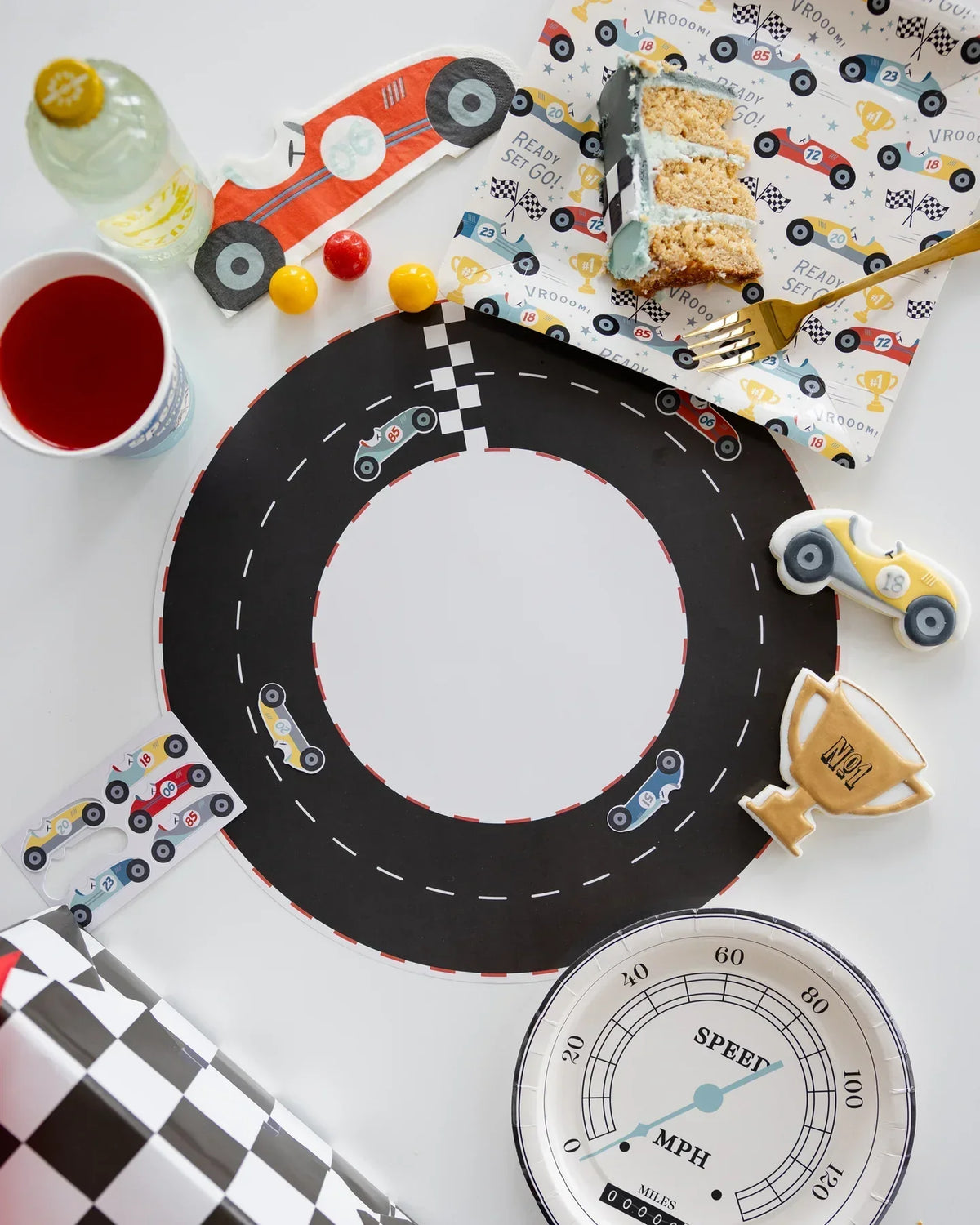 Race Track Paper Placemat with vintage race car cutouts