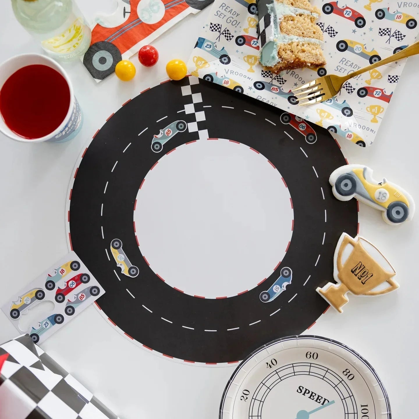 Race Track Paper Placemat with vintage race car cutouts