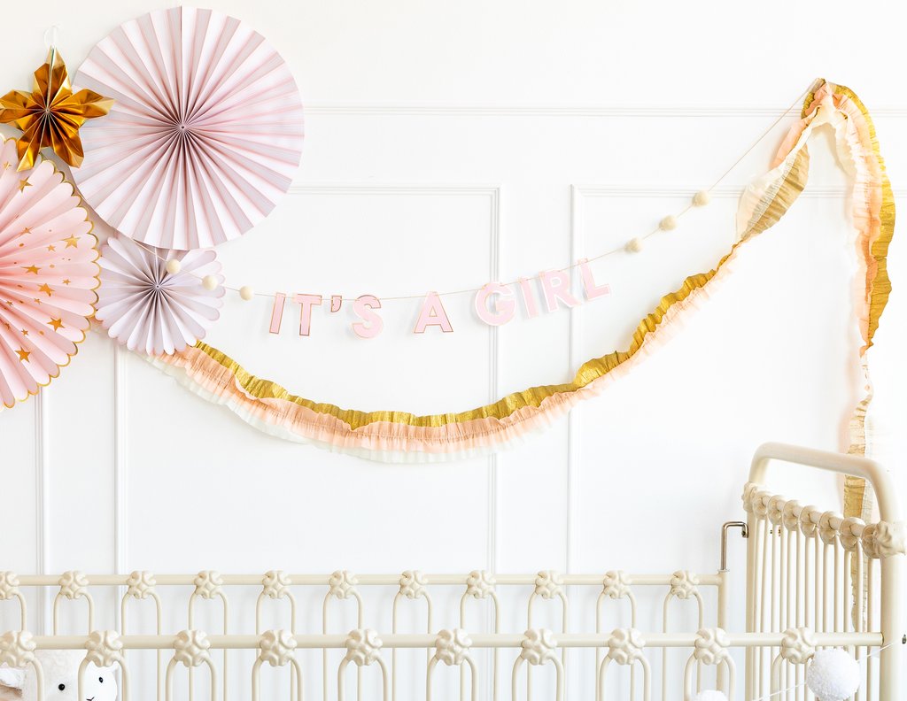Baby Pink & Gold Crepe Paper Streamer 9ft | The Party Darling