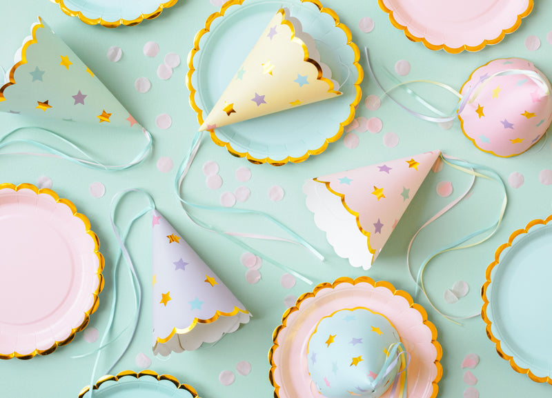 Assorted Pastel Star Party Hats 6ct Matching Plates