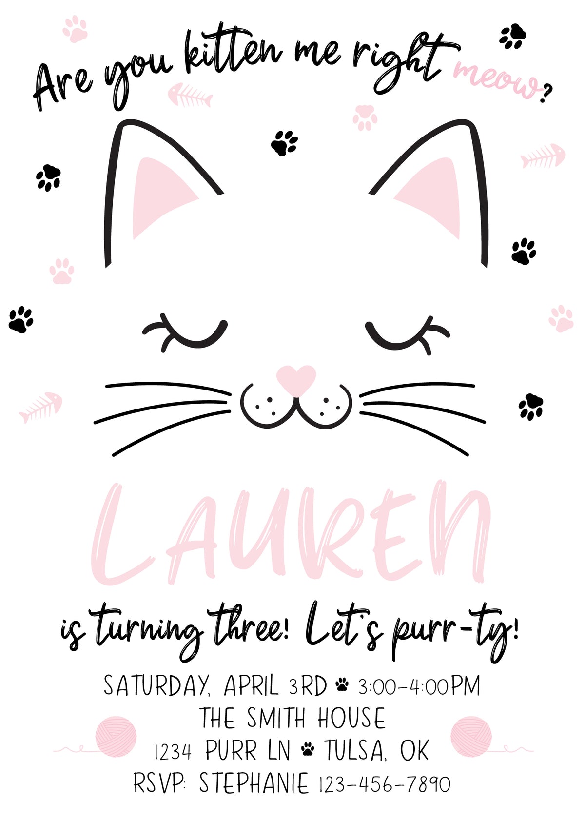 Purrfect Cat Pawty Digital Birthday Invitation Front | The Party Darling