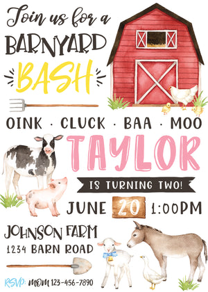 Farm Birthday Party Invitation Pink Front