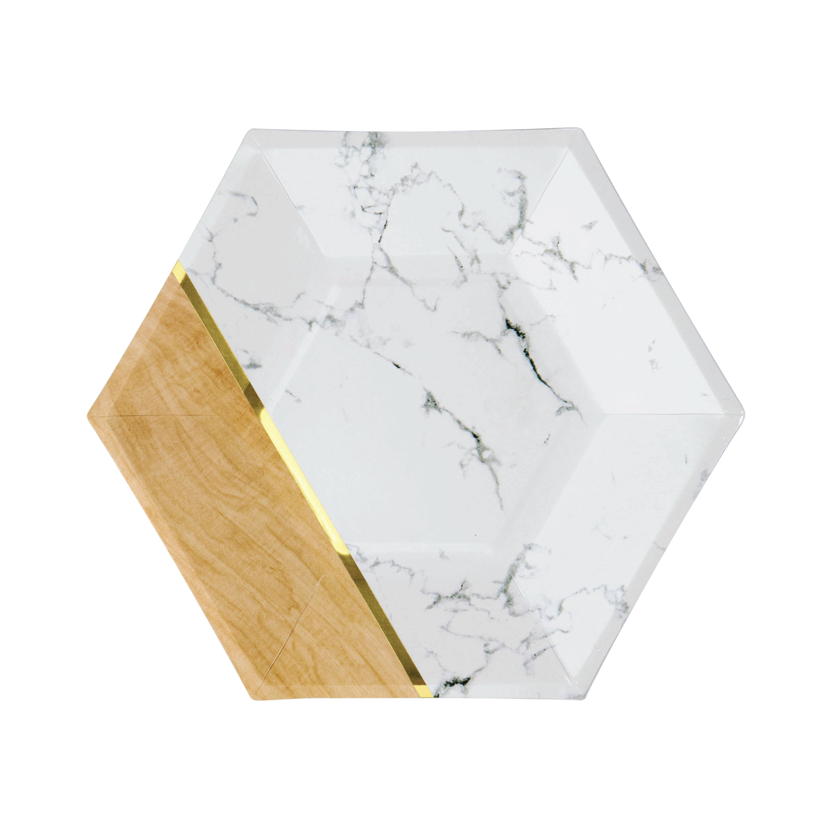 White Marble & Faux Wood Hexagon Dessert Plates 8ct | The Party Darling