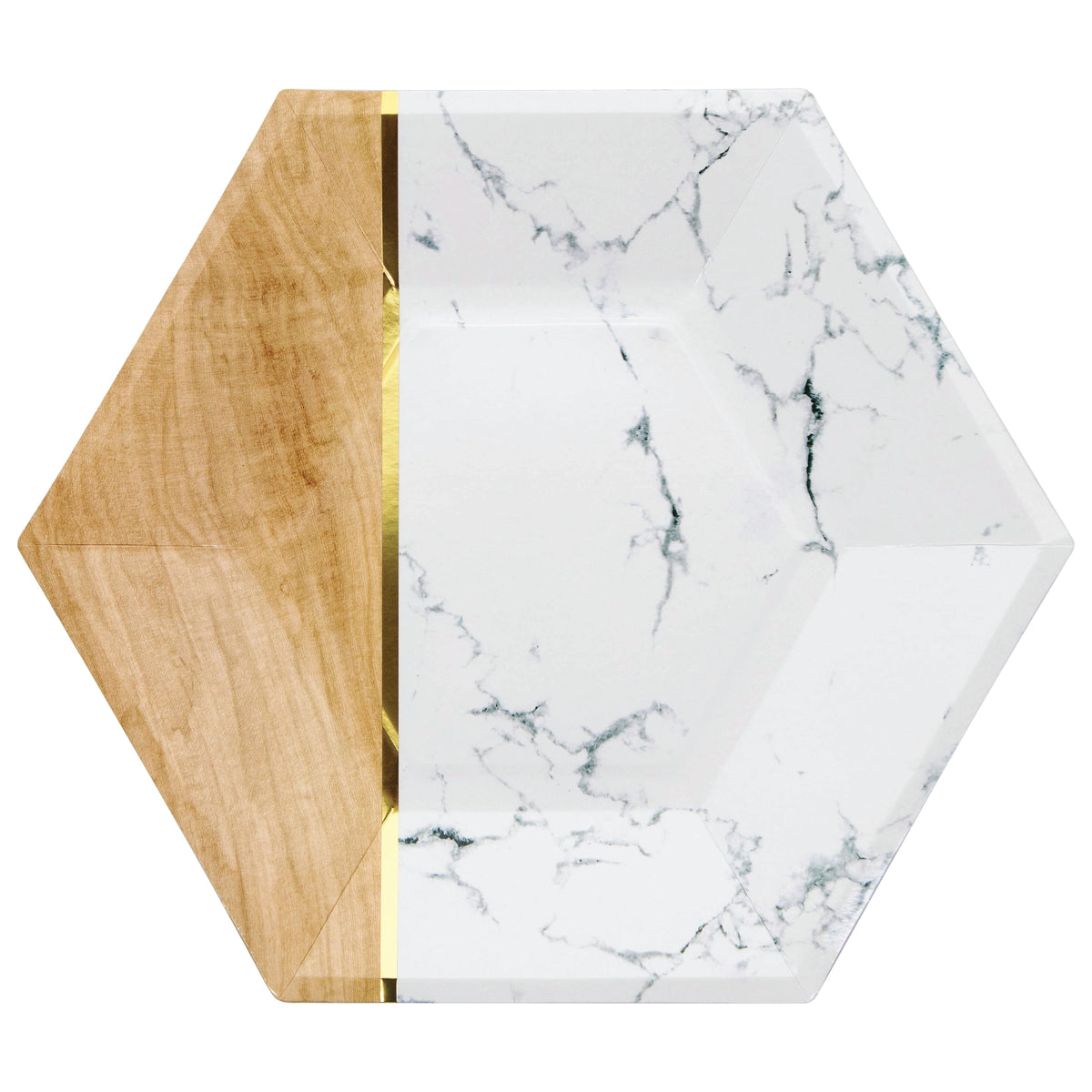 White Marble & Faux Wood Hexagon Lunch Plates 8ct | The Party Darling