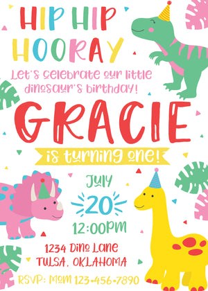 Pink Girl Dinosaur Birthday Party Invitation - The Party Darling