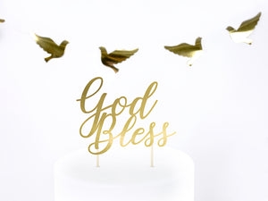 Gold God Bless Cake Topper on cake