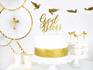 Gold God Bless Cake Topper on cake