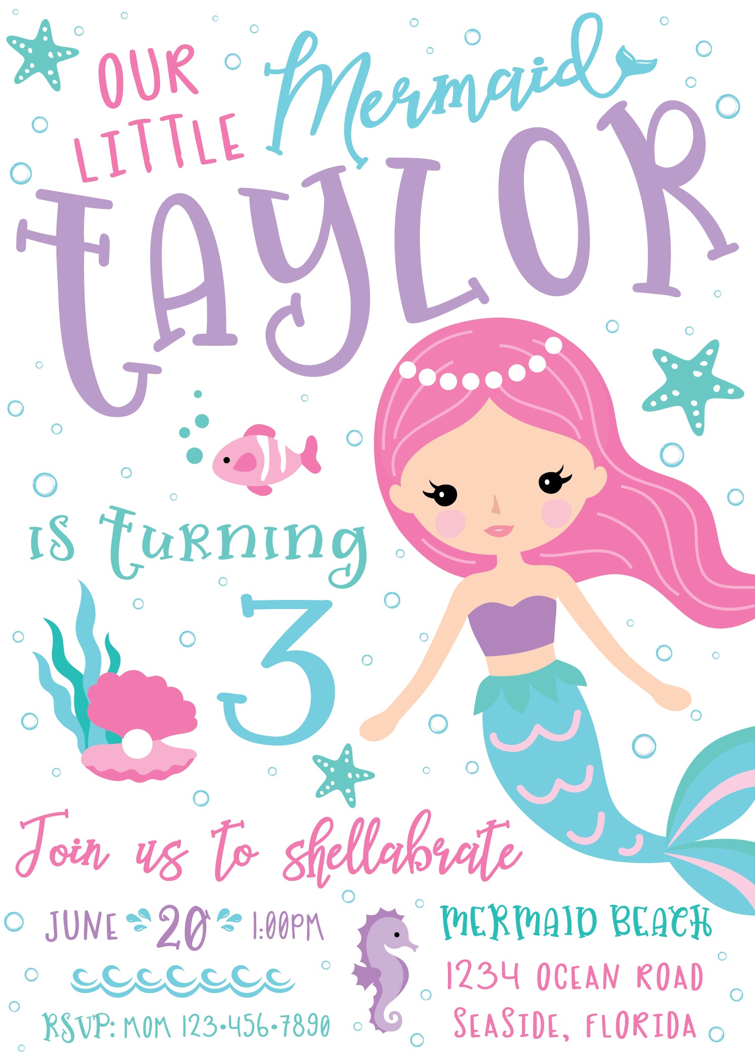 Friendly Mermaid Birthday Party Invitation