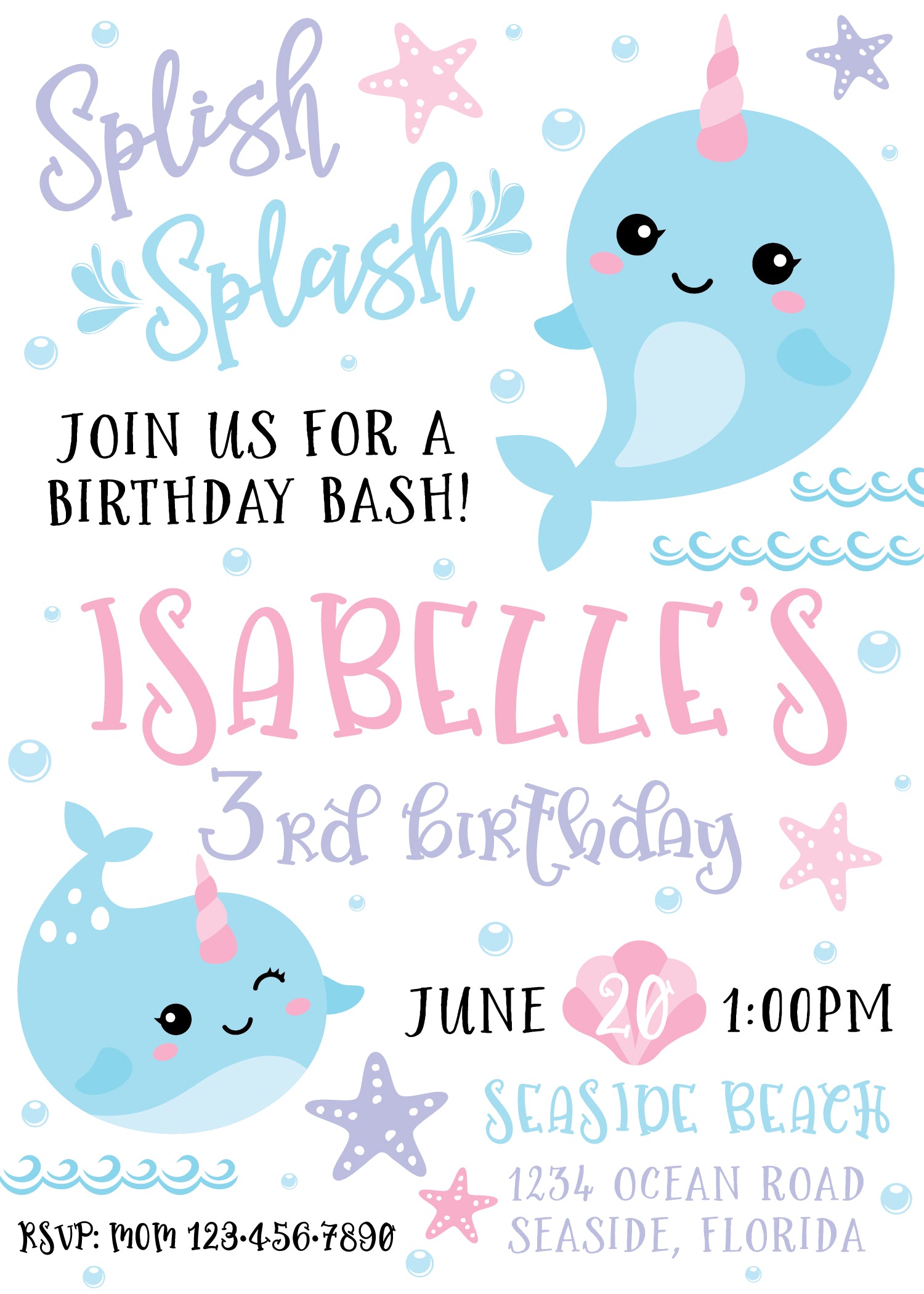 Narwhal Birthday Printable Invitation Front | The Party Darling