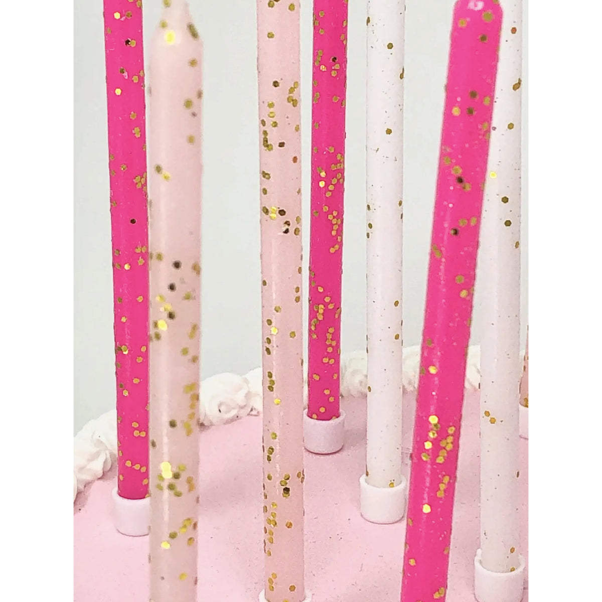 Pink Tones Glitter Birthday Candles 16ct on Cake