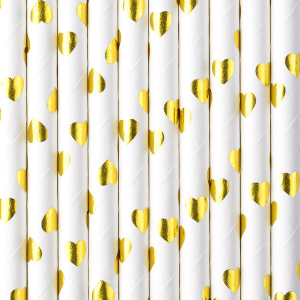 Gold Metallic Heart Paper Straws 10ct Up Close