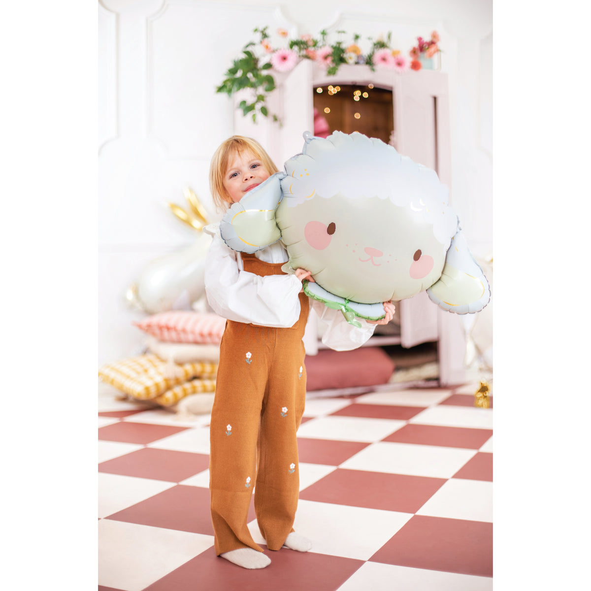 Baby Sheep Face Balloon 34in with child