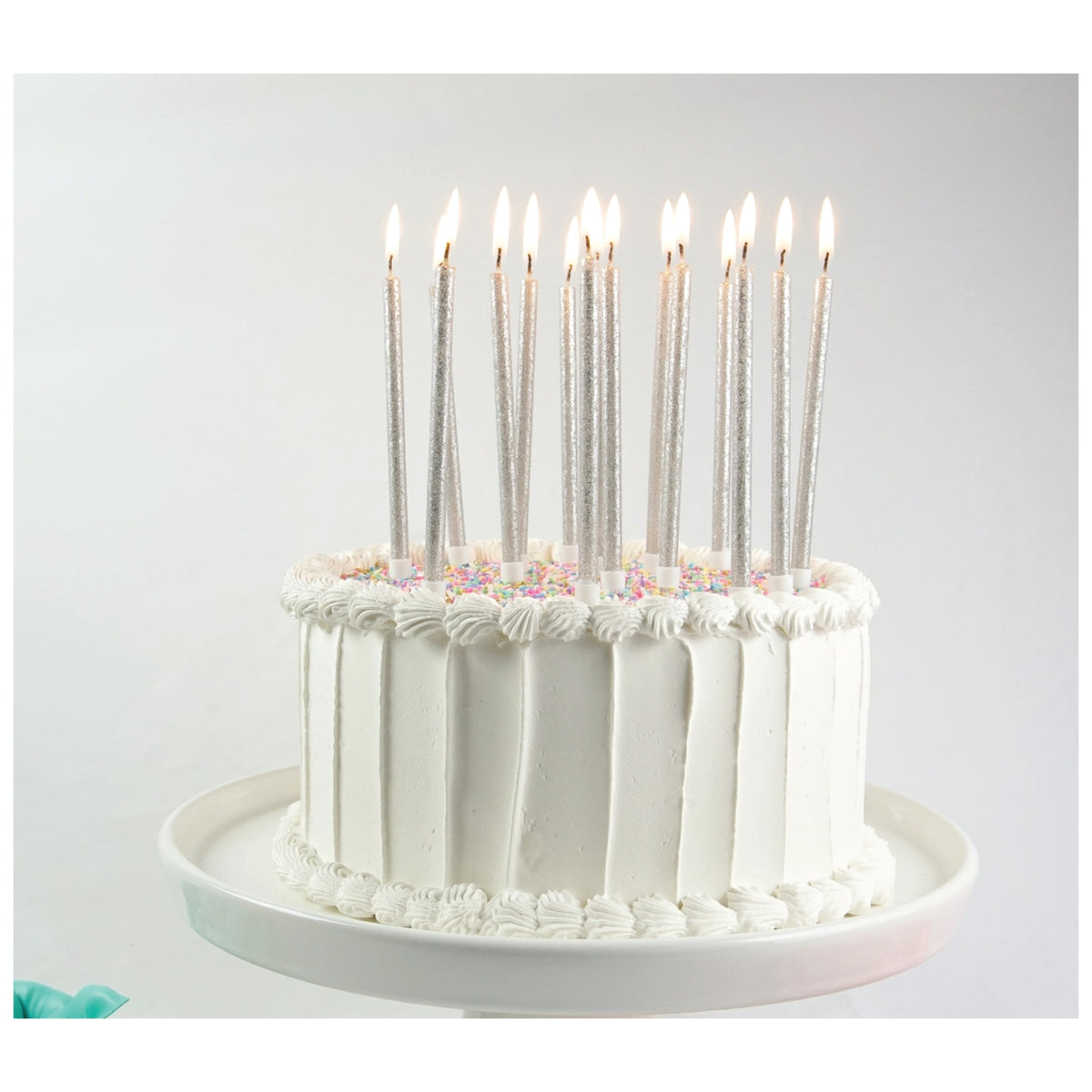 Tall Silver Glitter Birthday Candles 16ct Cake Display