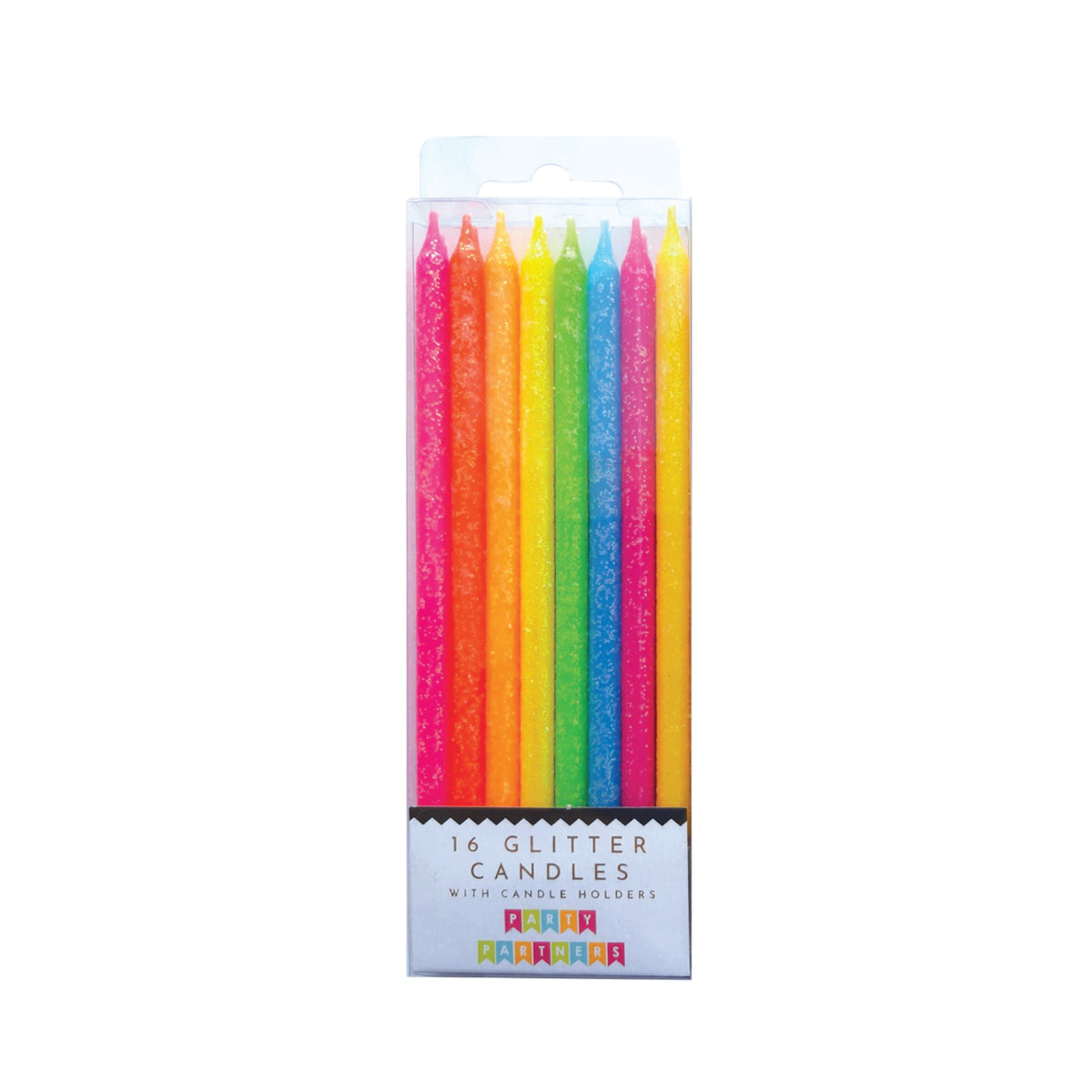 Tall Neon Rainbow Glitter Birthday Candles 16ct | The Party Darling