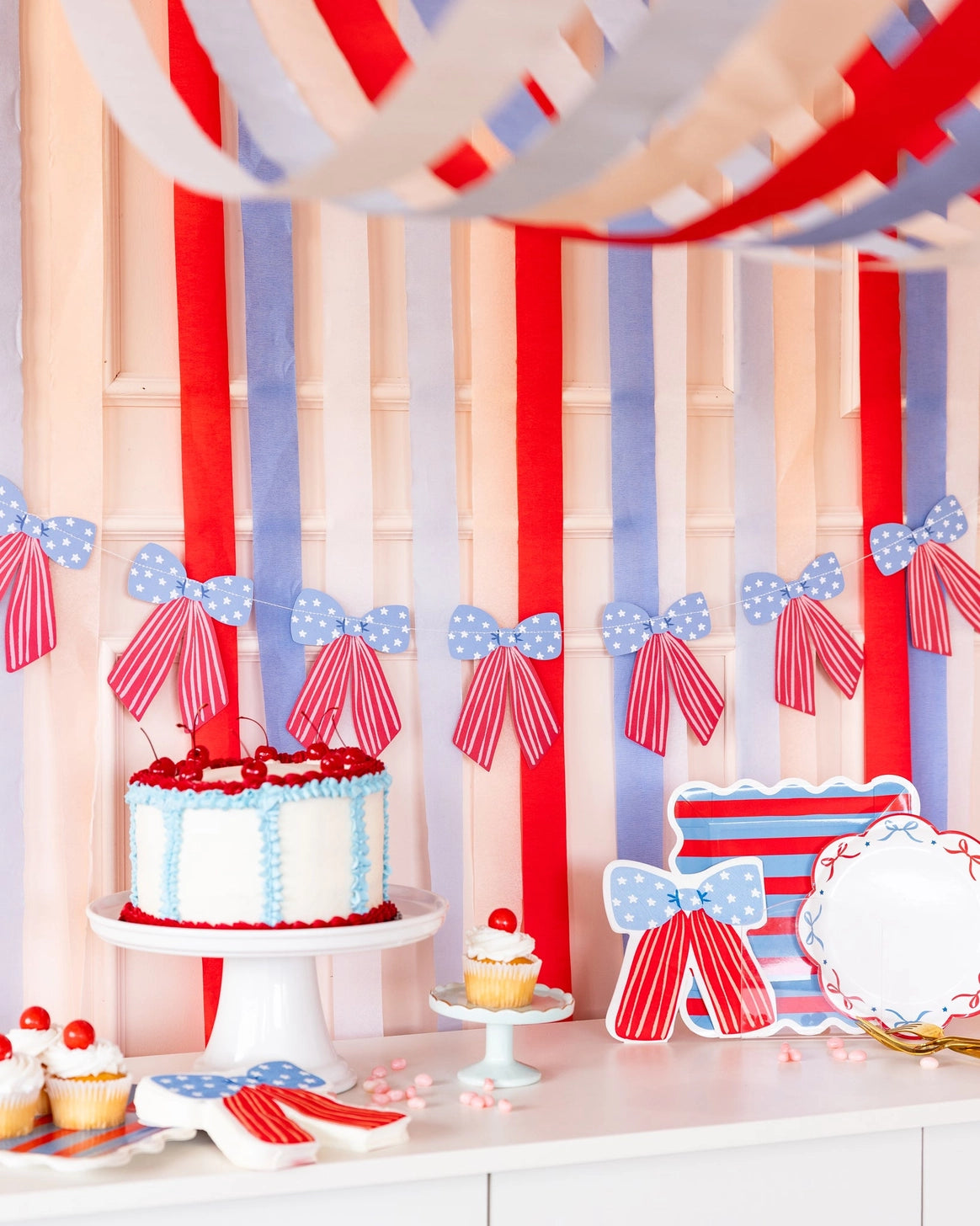 Patriotic red and blue bow decorations