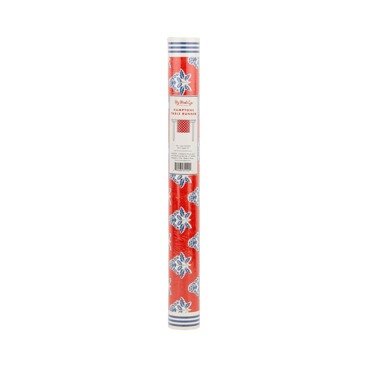 Roll of Hamptons style red and blue table runner