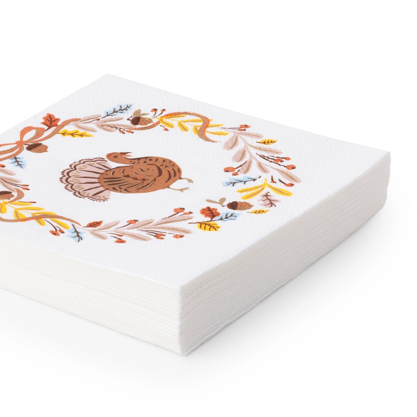 Fall turkey paper napkins with colorful leaves, acorns, and botanical details
