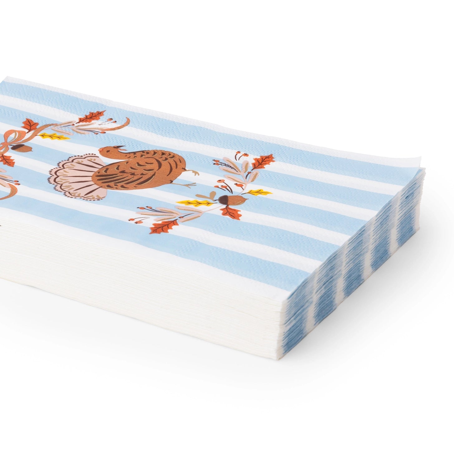 Light blue striped paper guest towels with brown Thanksgiving turkey