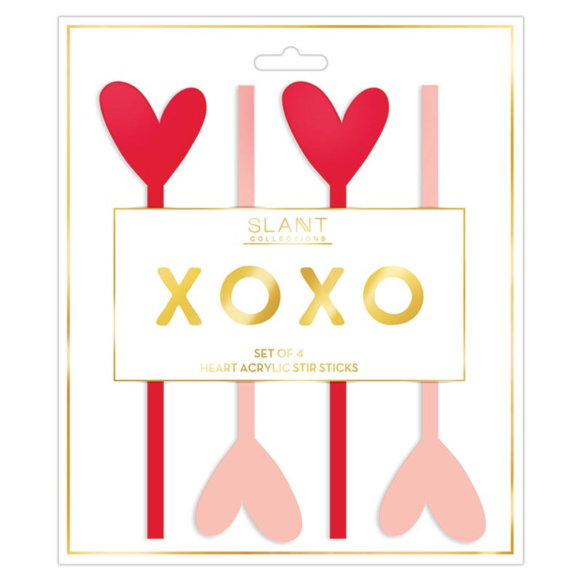Red and blush heart acrylic drink stir sticks in package
