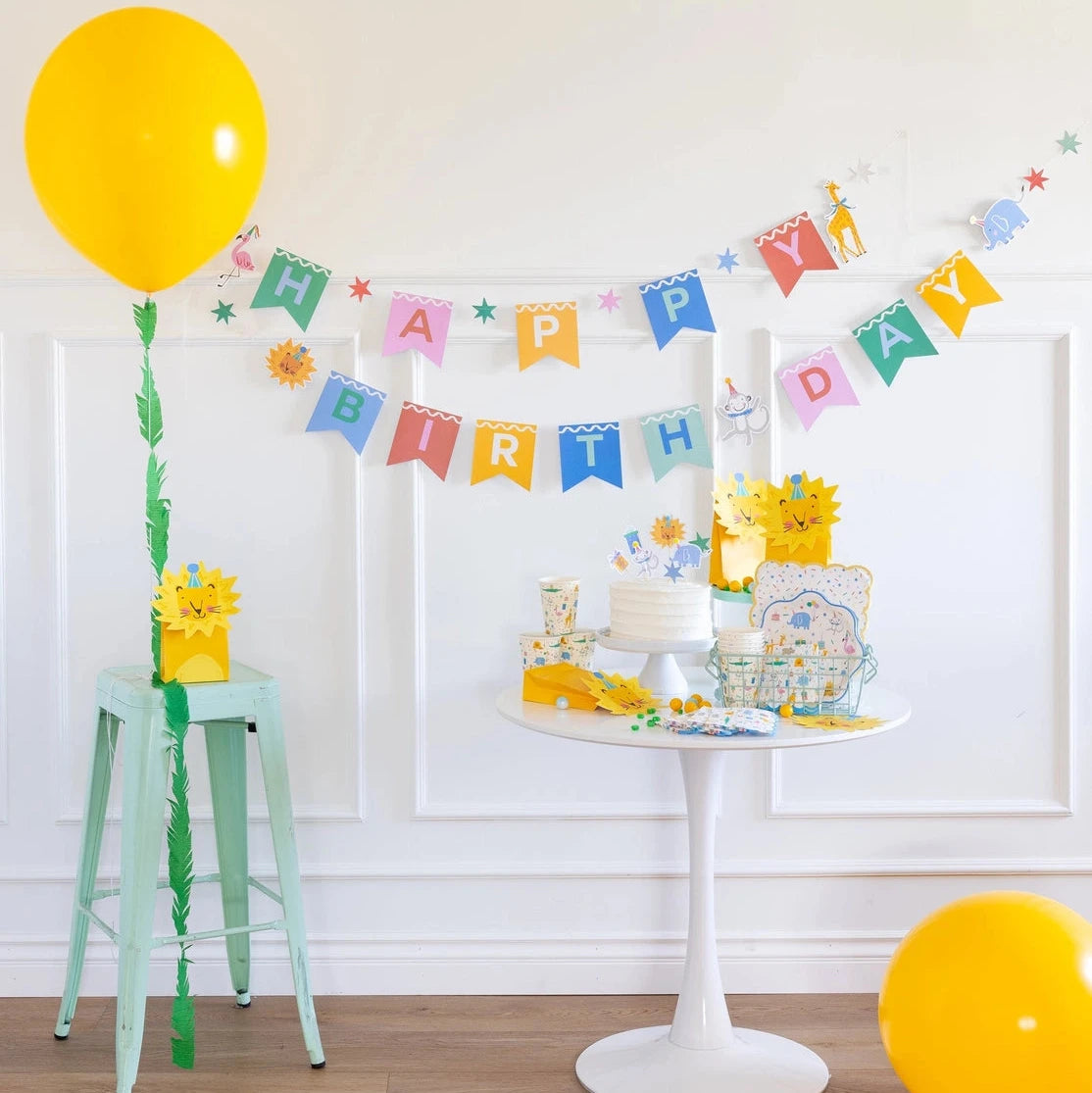 Colorful paper pennants with animals and stars