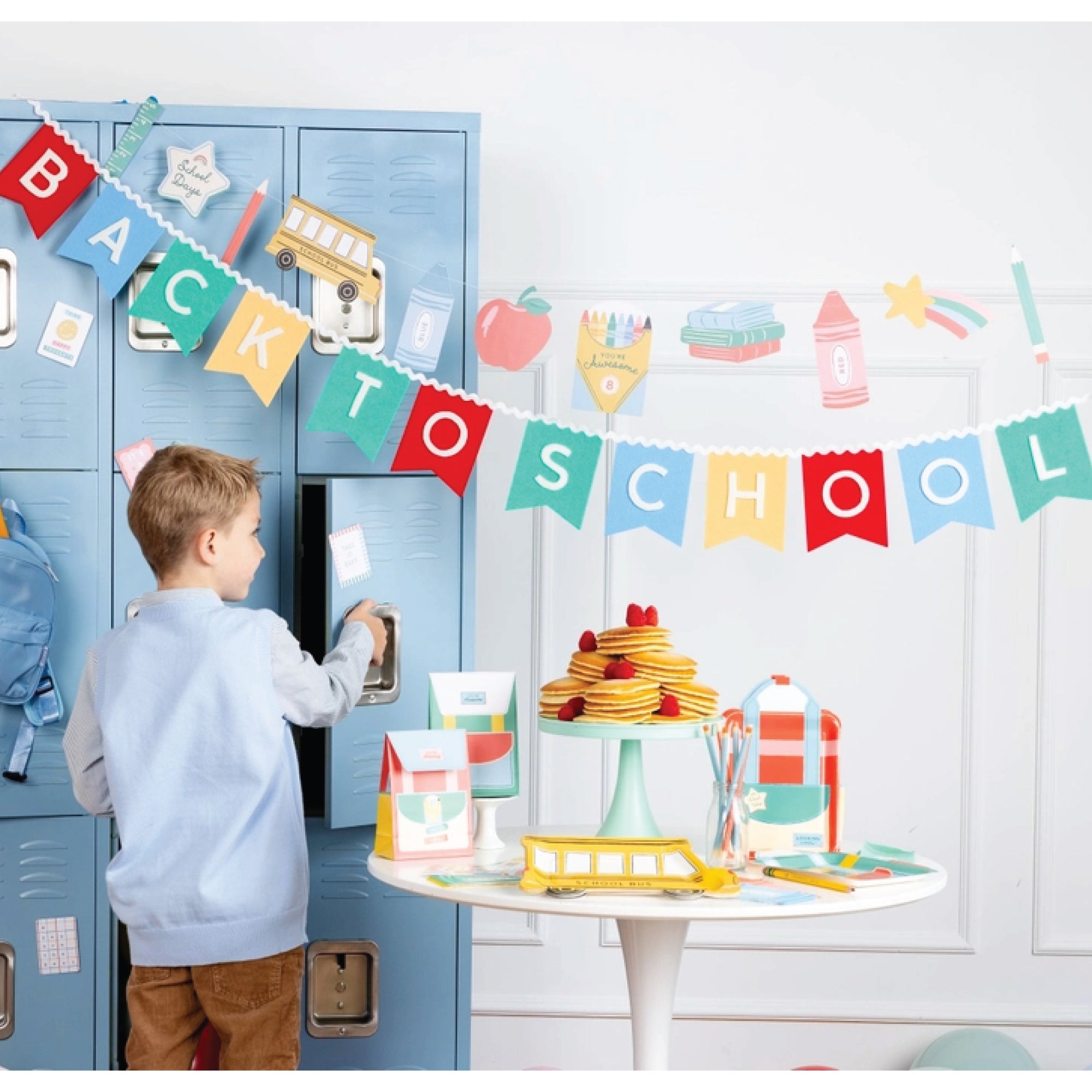 Back to school paper banner with colorful classroom illustrations