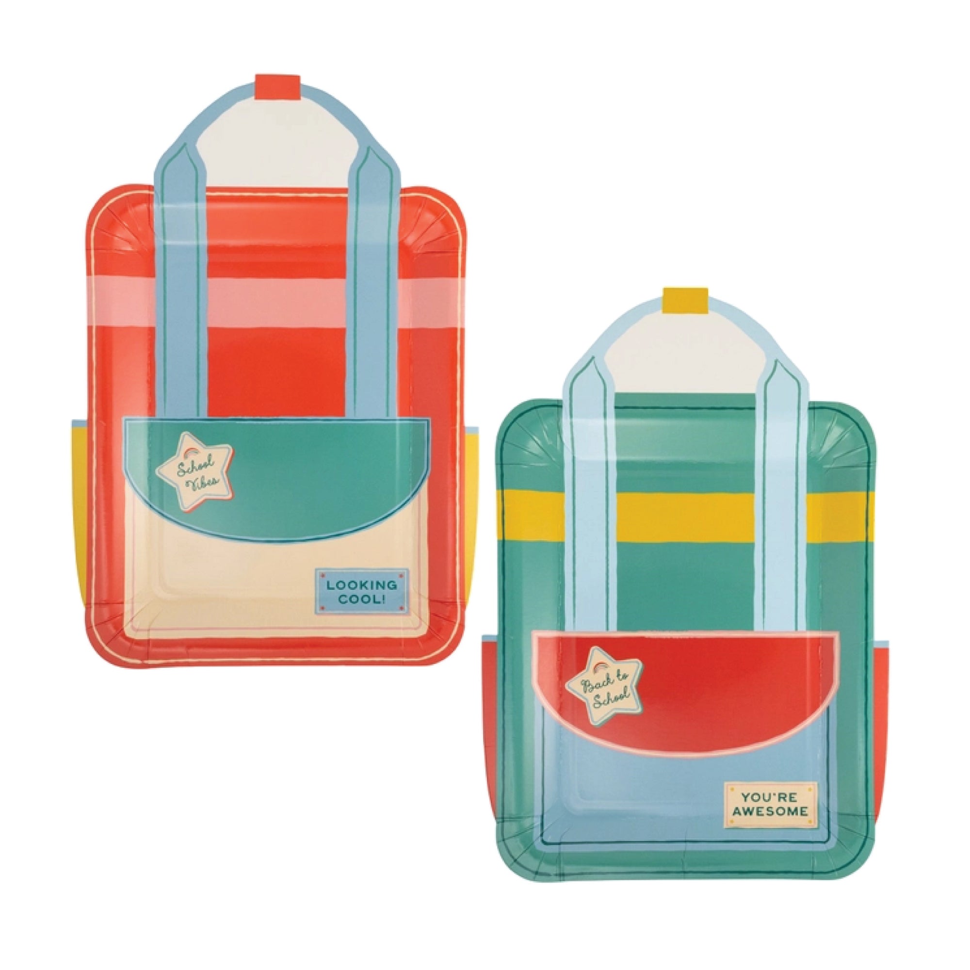 Backpack shaped lunch plates with colorful school design