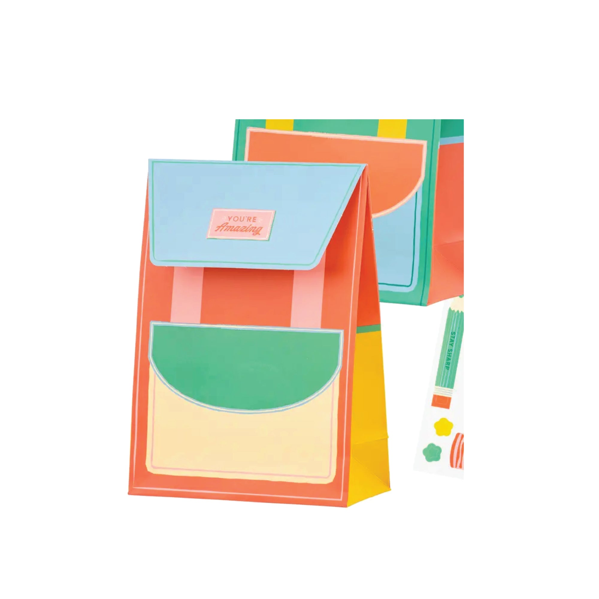 Backpack-shaped treat bags in a colorful school design