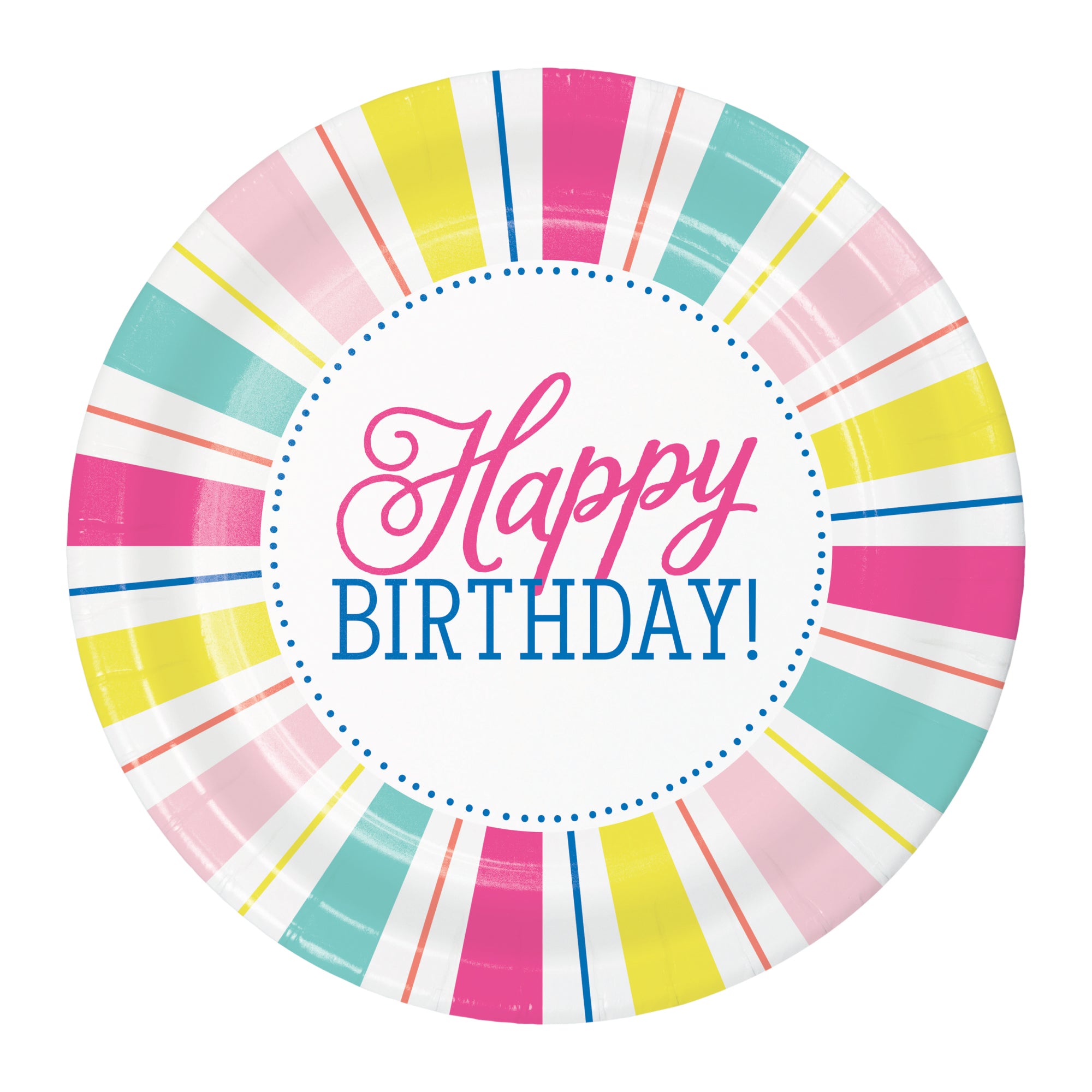 Round birthday lunch plate with colorful striped border