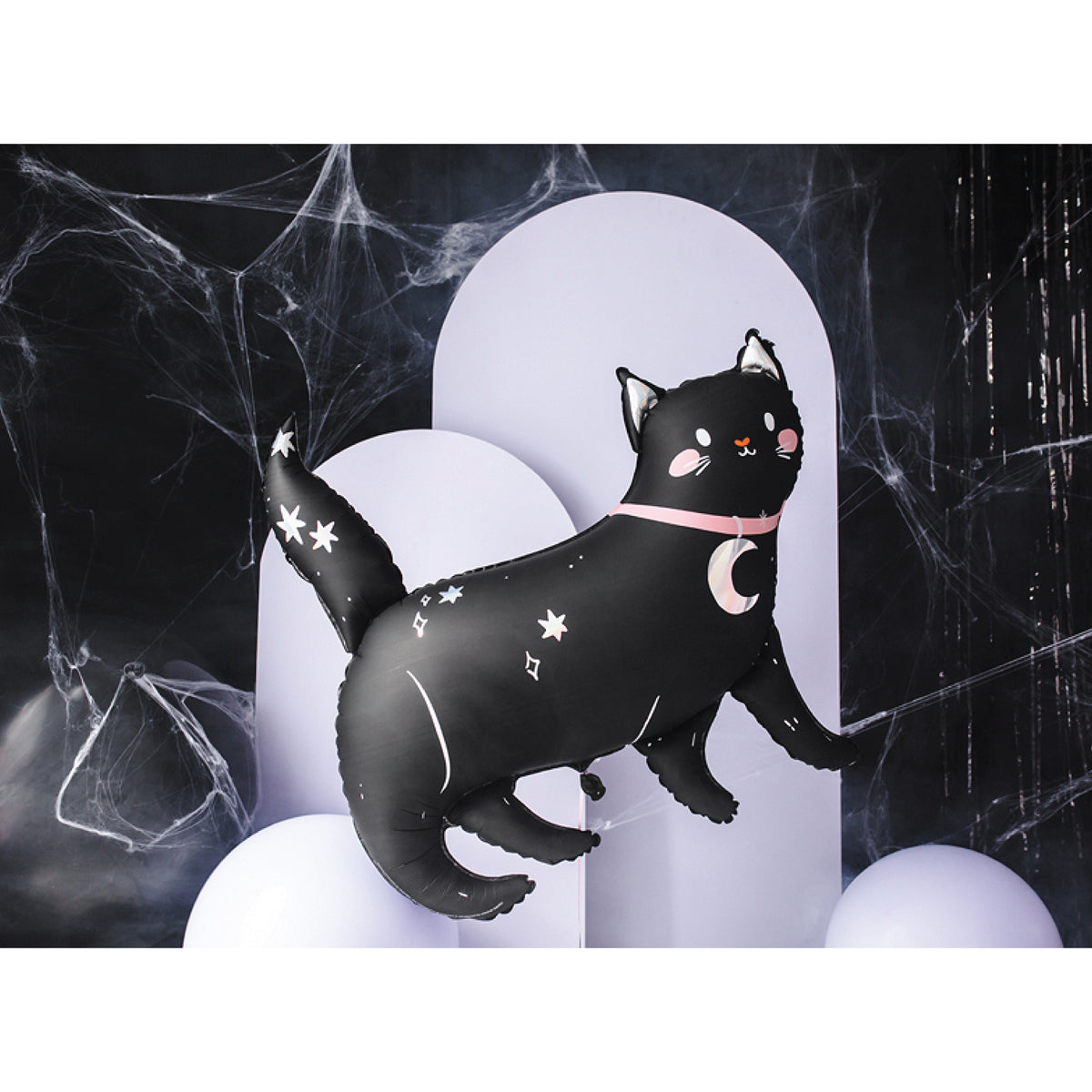 Black cat balloon with pink collar and crescent moon accent