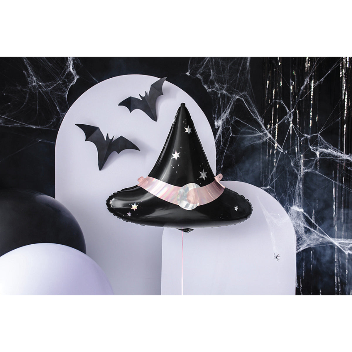 Black witch hat balloon with pink band and iridescent crescent moon