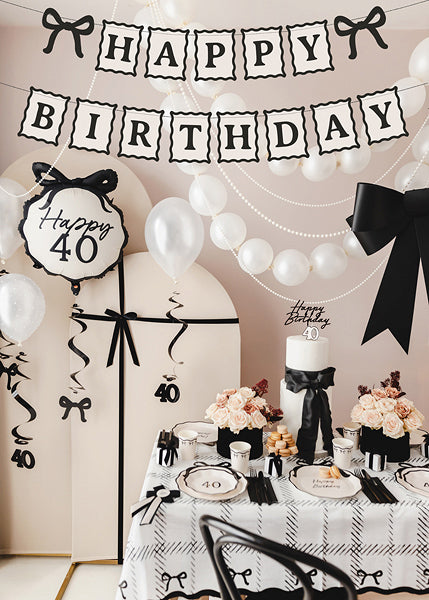 Black and Cream Bow Happy Birthday Banner party setup