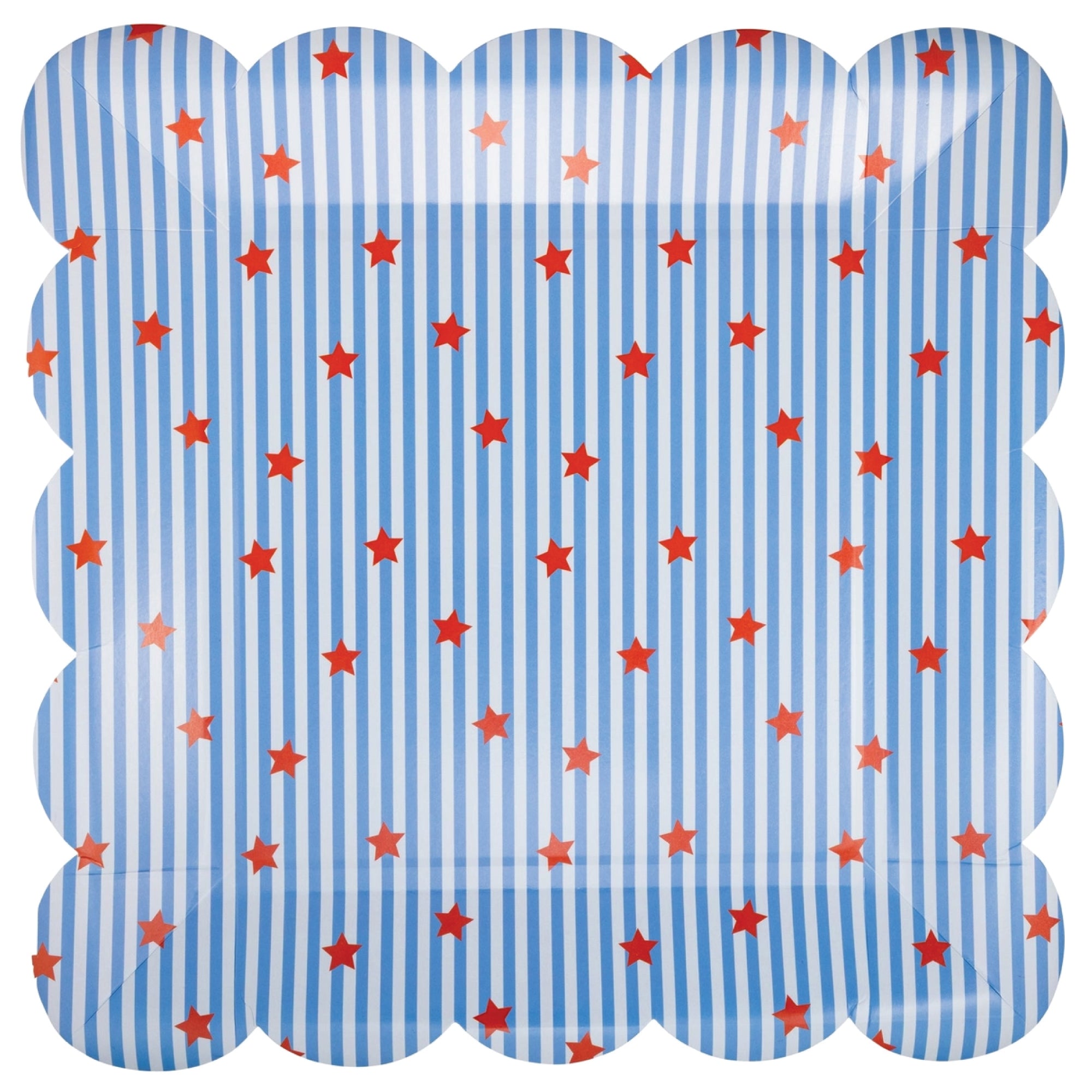Blue and white striped paper plate with red stars