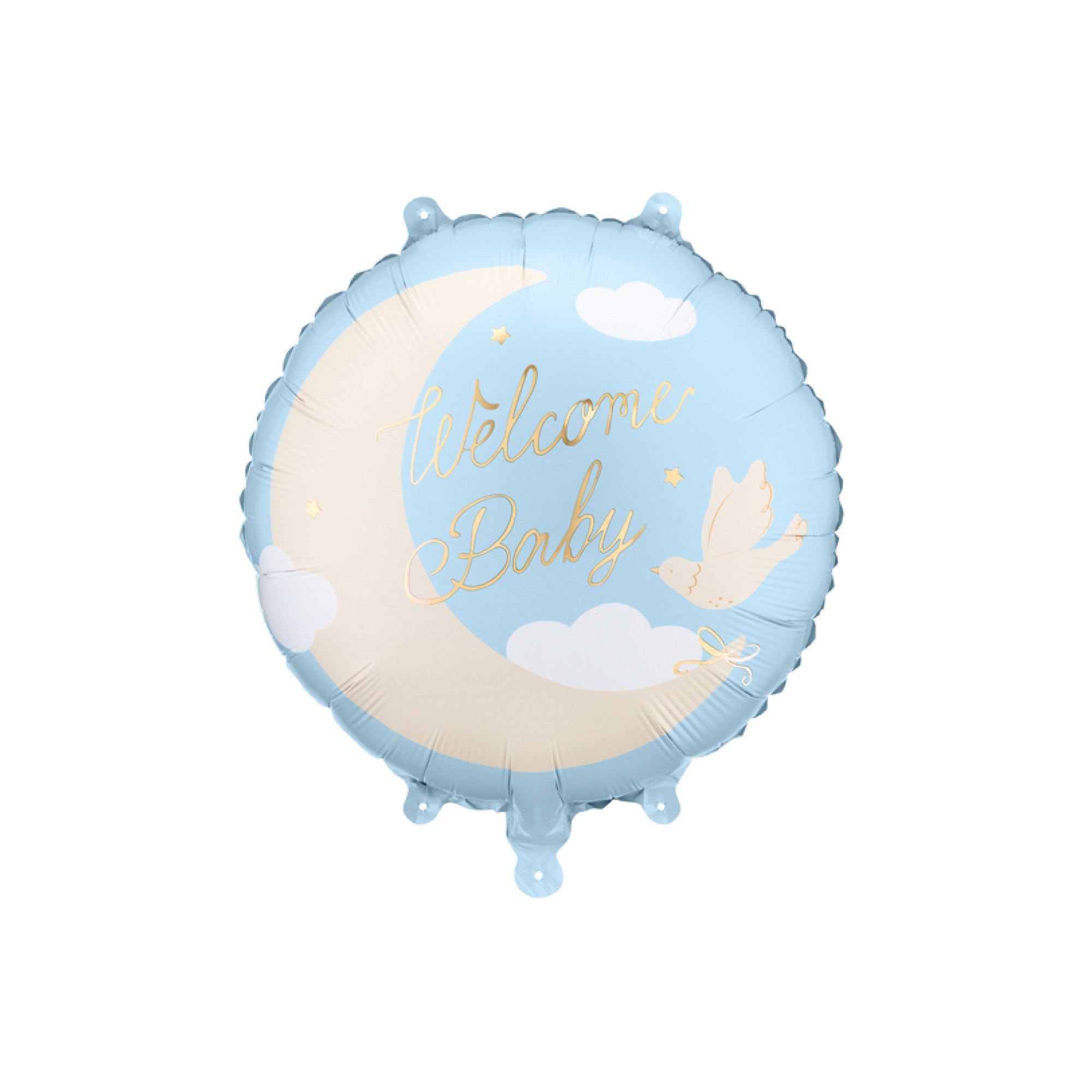Blue Welcome Baby foil balloon with gold moon and clouds