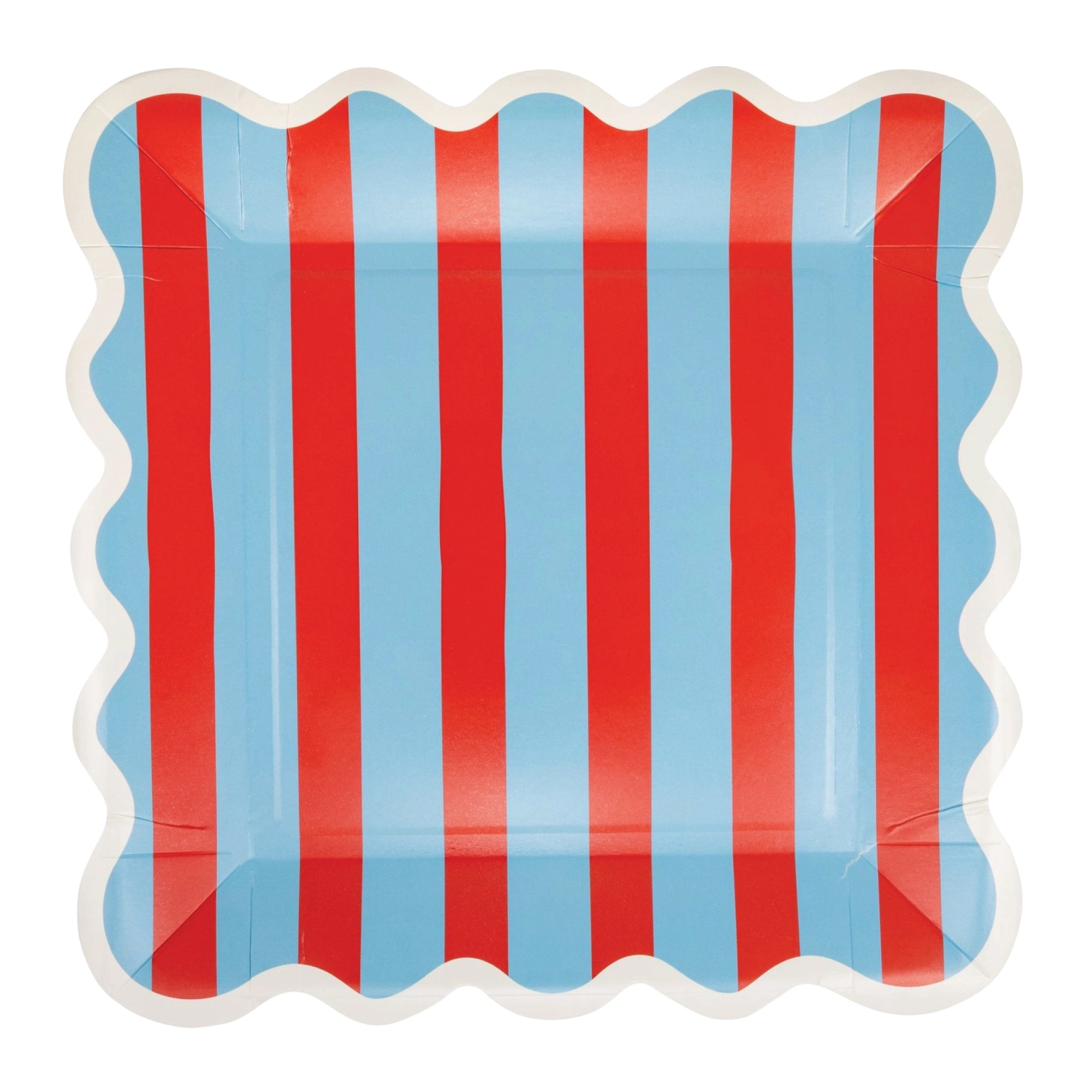 Blue and red striped square paper plate with scalloped edge