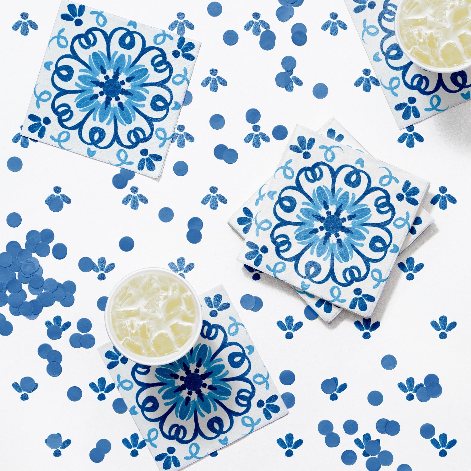 Set of blue and white patterned napkins