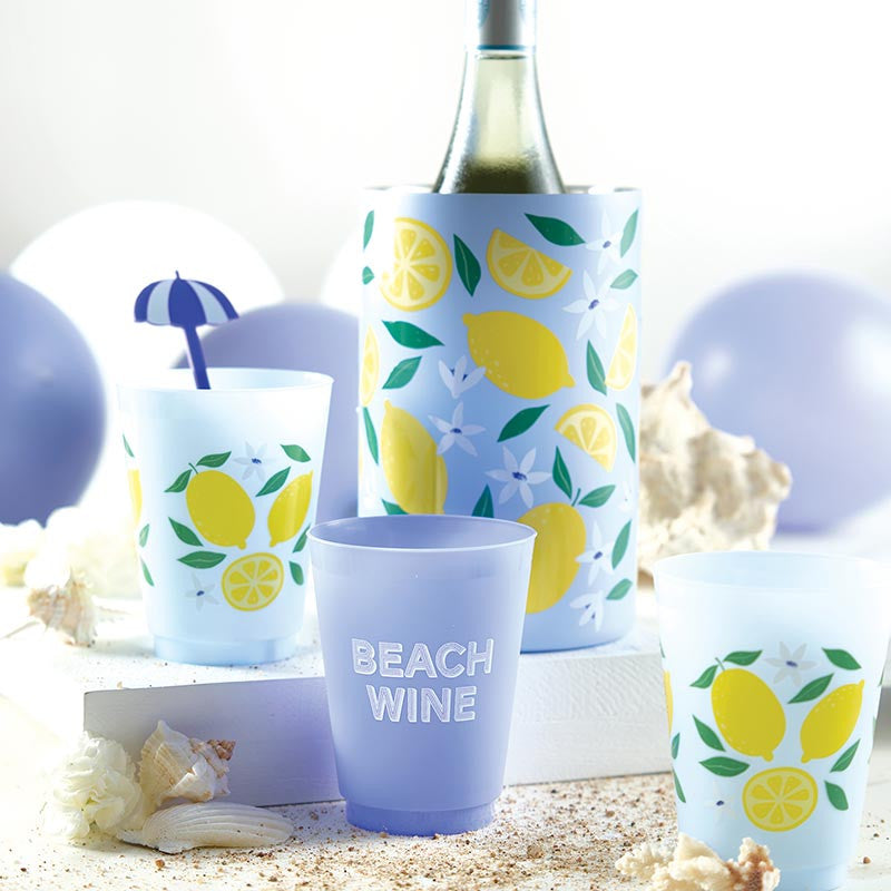 Coastal lemon themed plastic cups for party tables