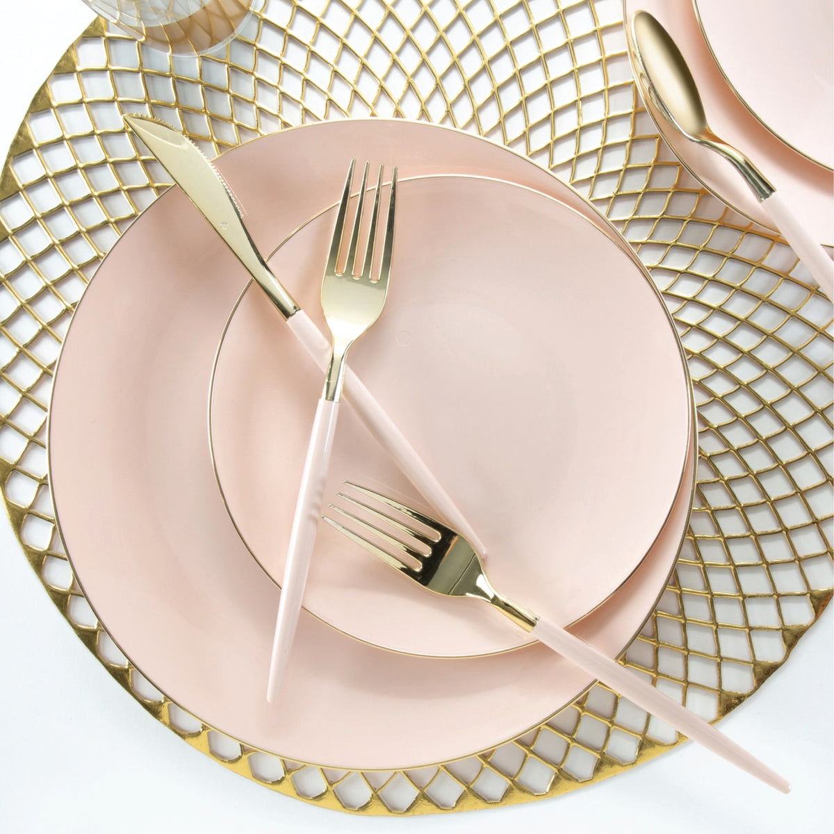 Blush Pink &amp; Gold Plastic Cutlery Set for 8 Table Setting