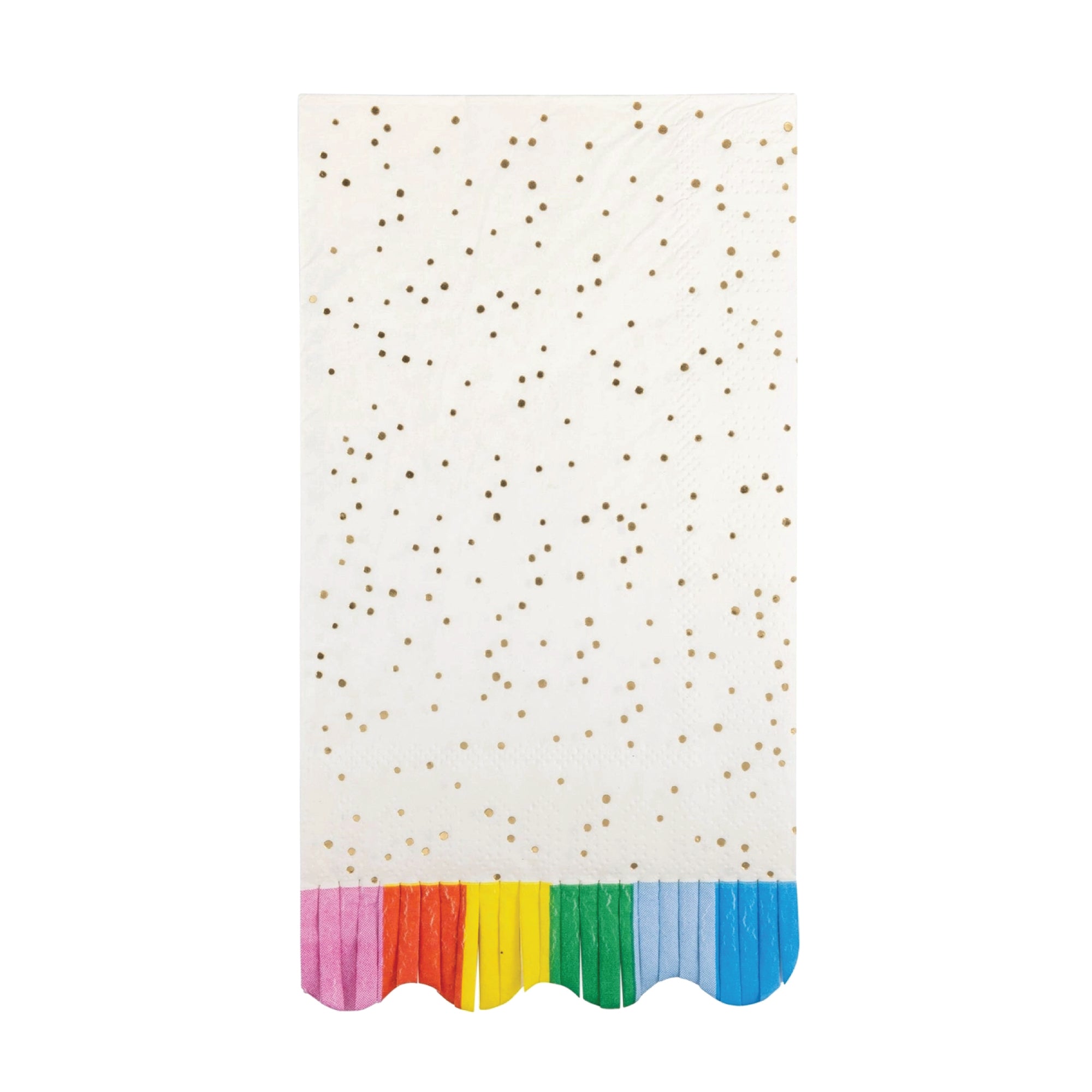 White guest towels with gold foil confetti dots and rainbow fringe border