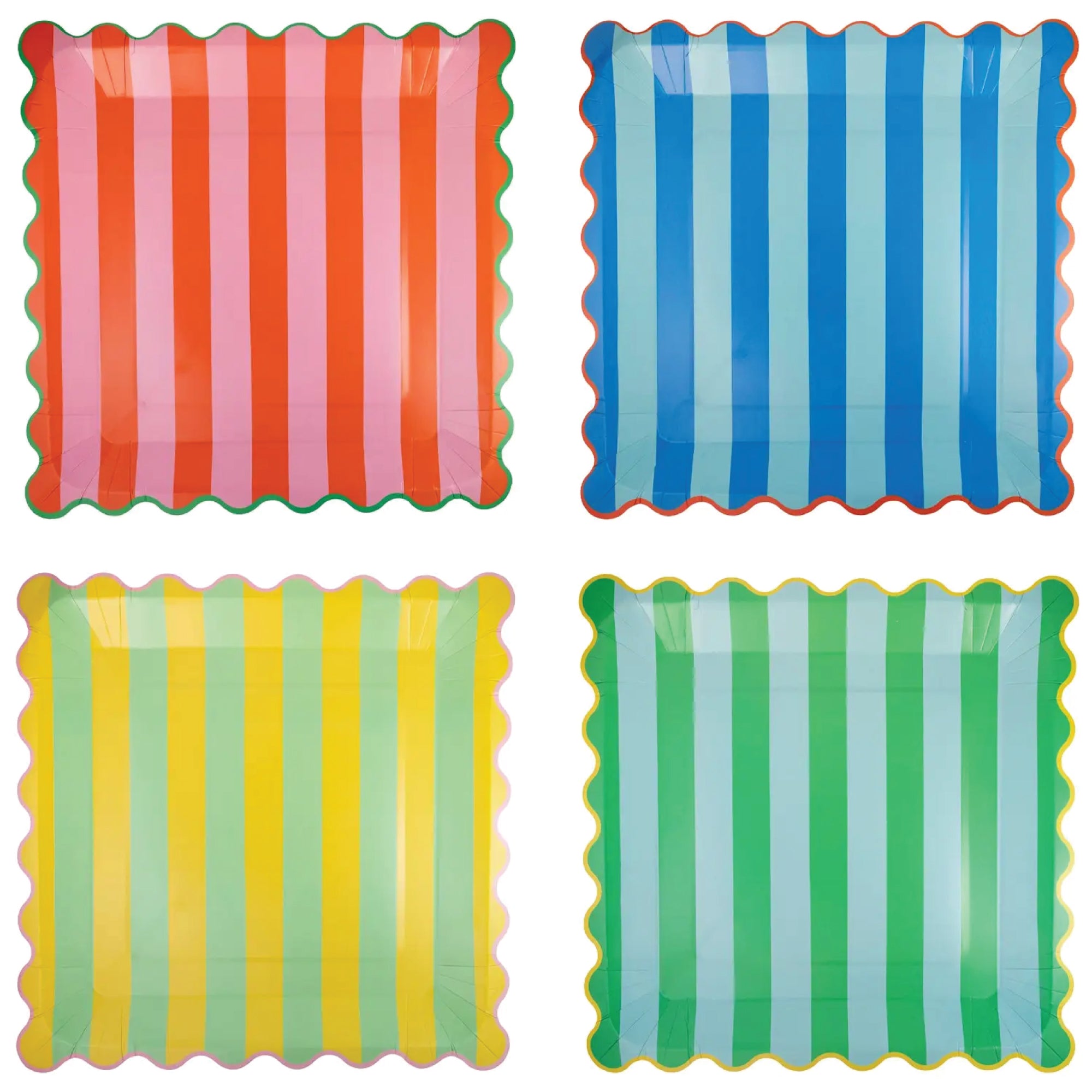 Colorful striped paper dinner plates with scalloped edges