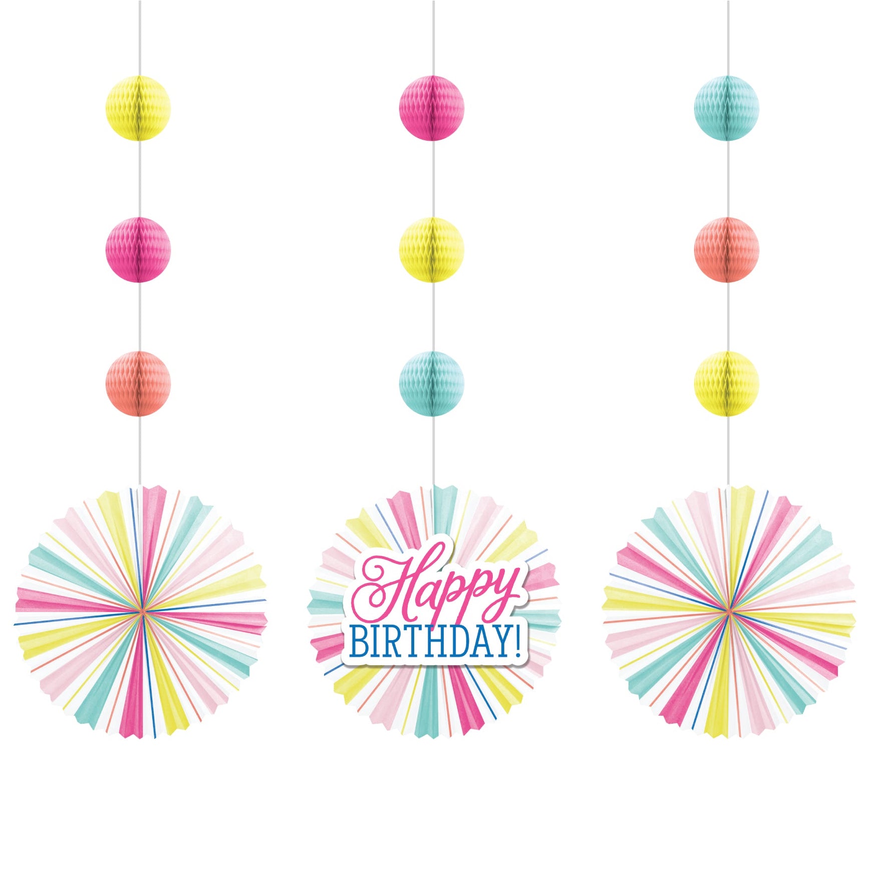 Colorful birthday hanging decorations with paper fans