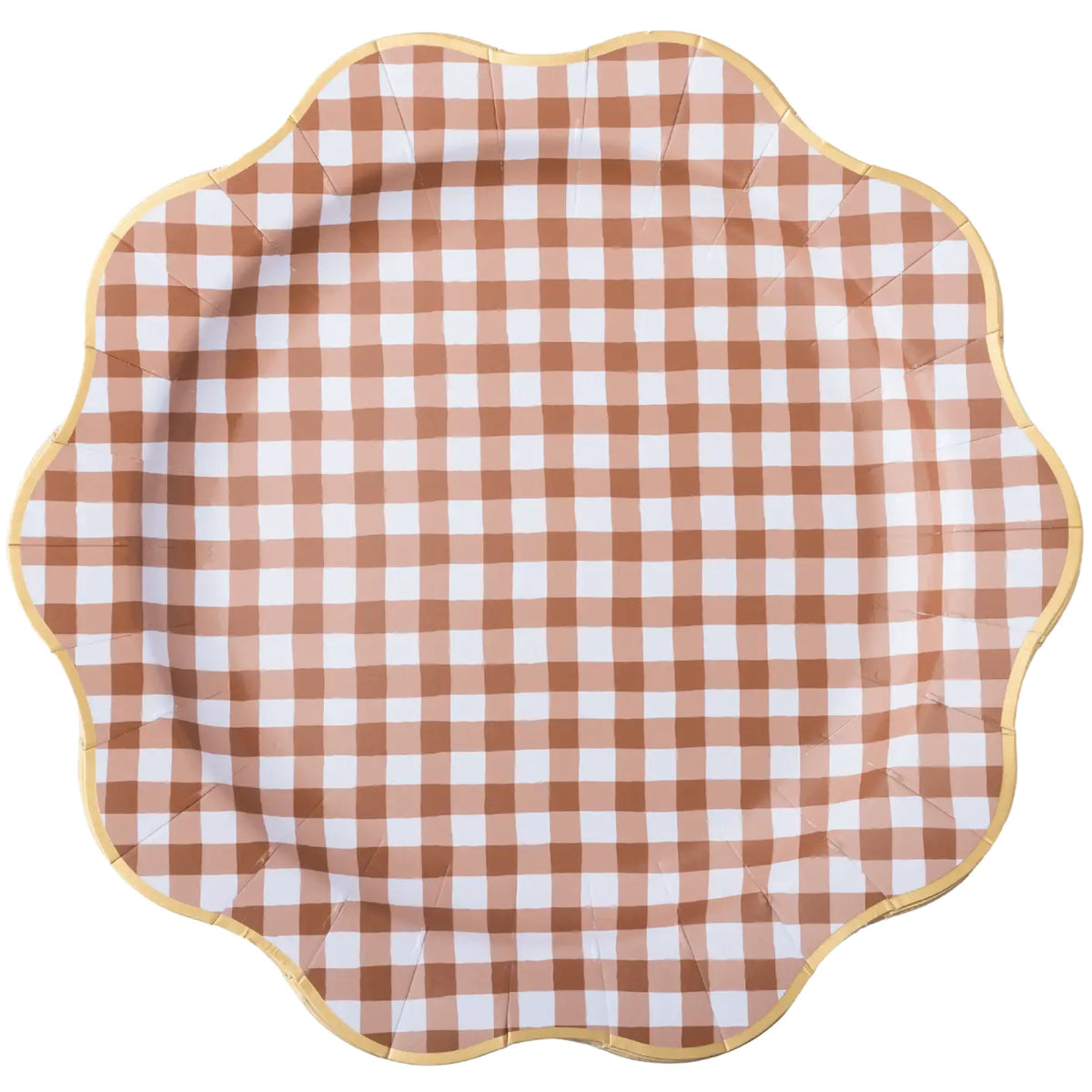 Brown Gingham Scalloped Dinner Plates with brown and white check pattern and gold foil trim.