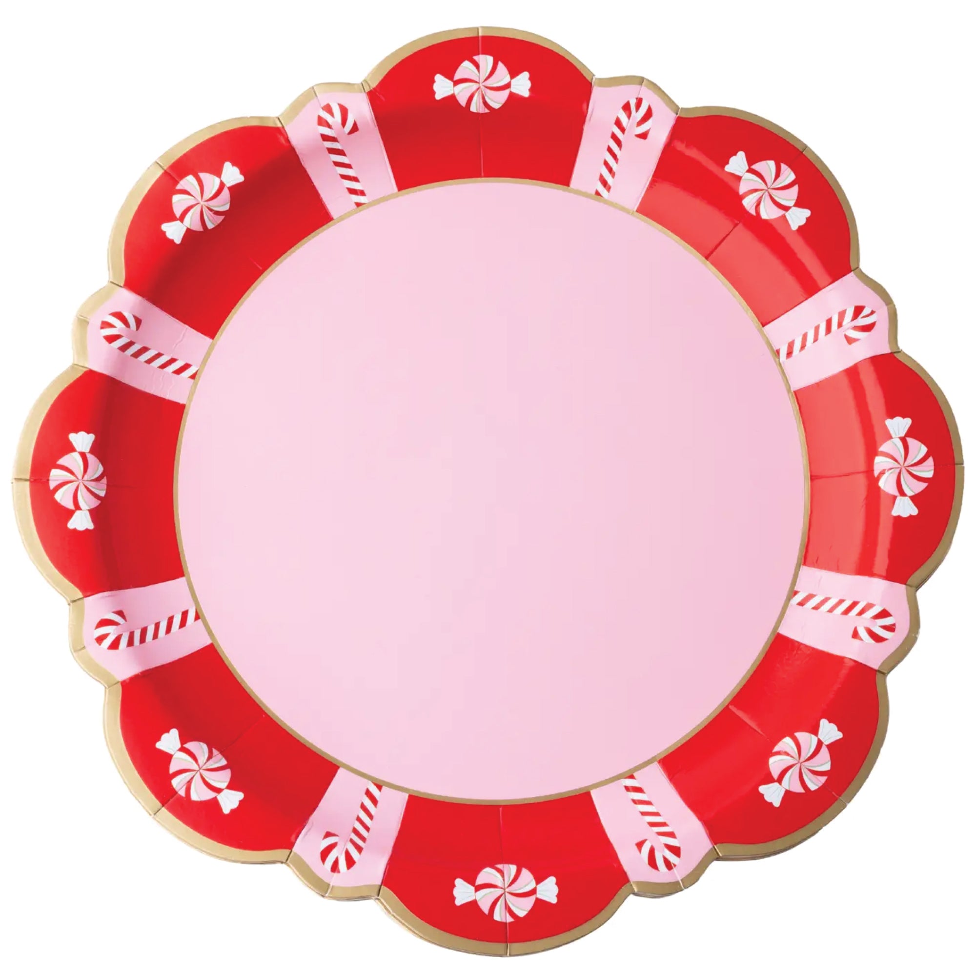Christmas Peppermint Scalloped Dinner Plates with pink and red candy design