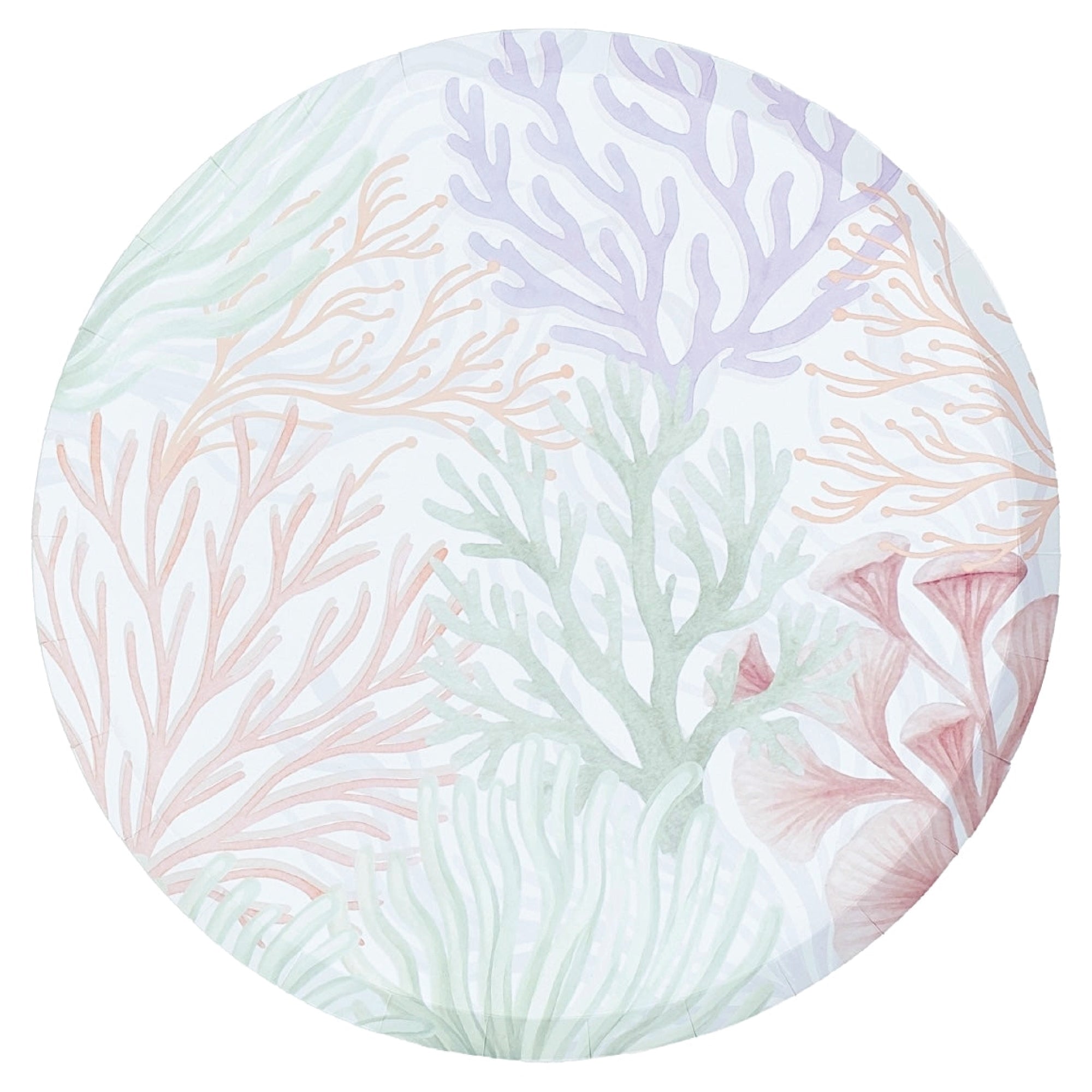 Round paper dinner plate with pastel coral reef pattern
