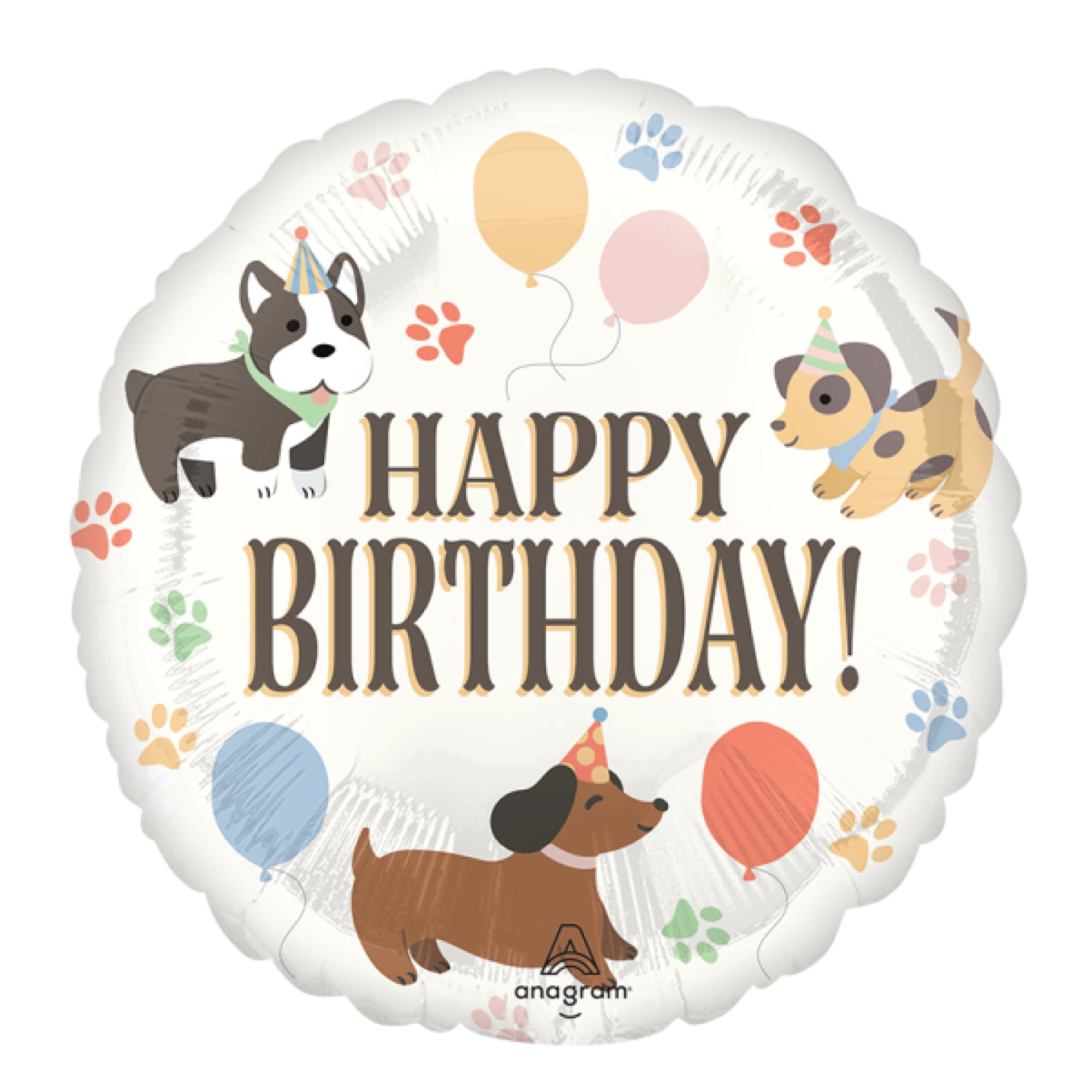 Round dog birthday foil balloon with Happy Birthday text