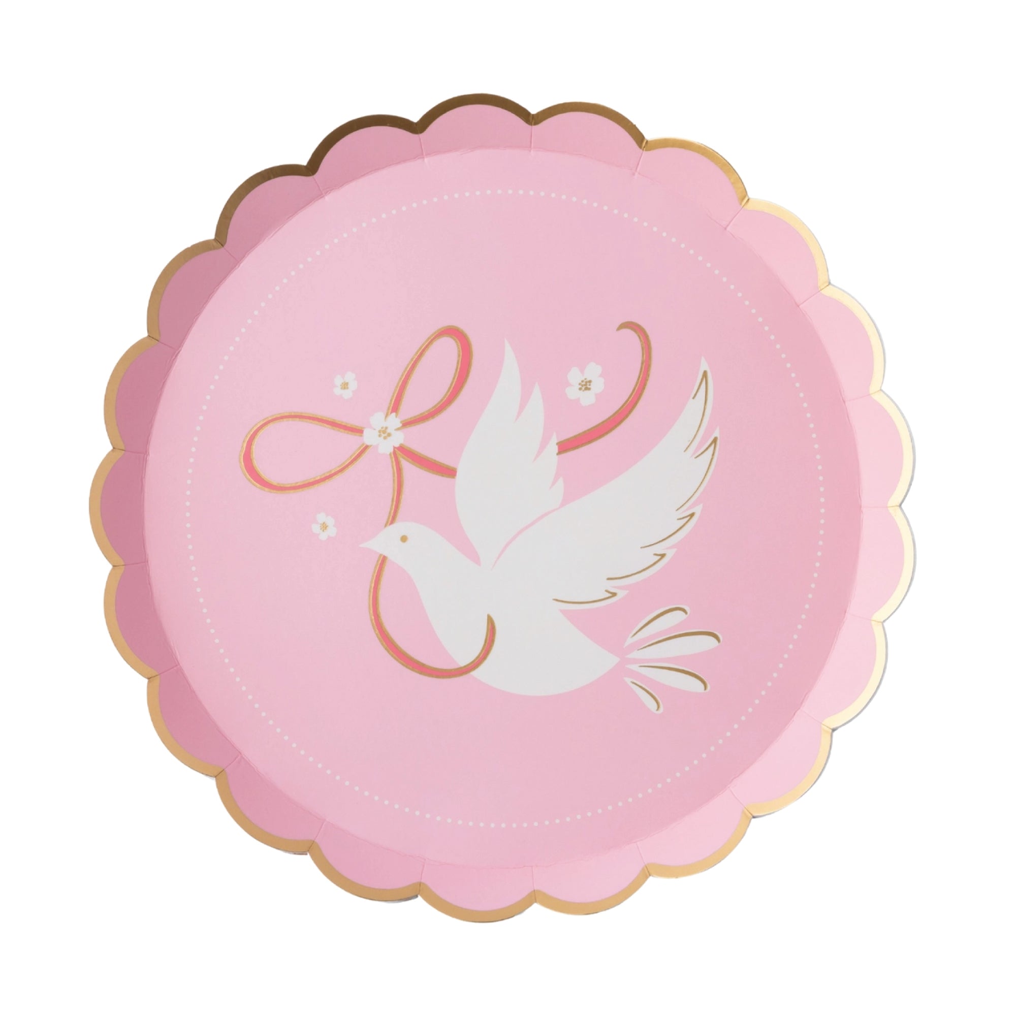 Pink scalloped paper dessert plate with white dove illustration