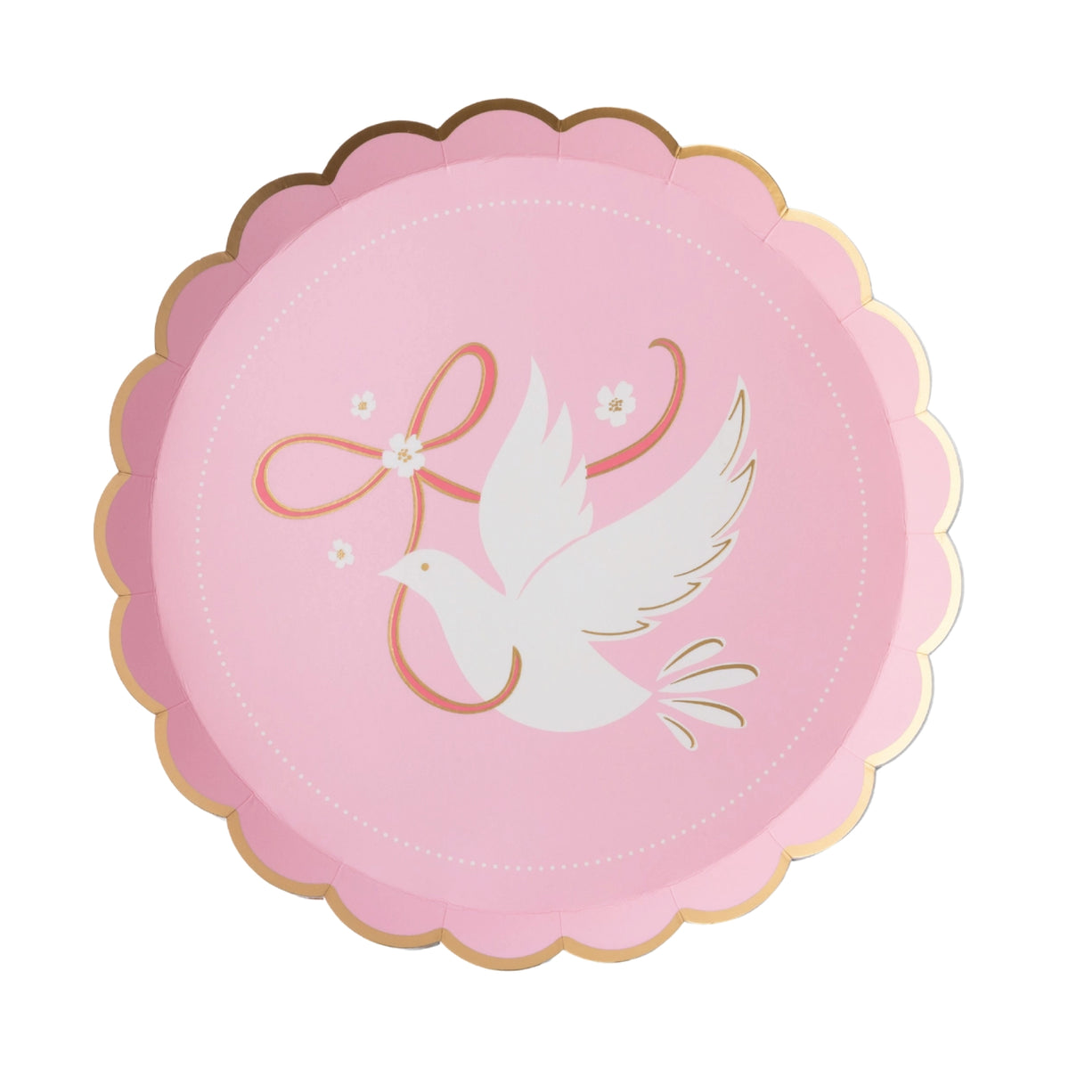 Pink scalloped paper dessert plate with white dove illustration