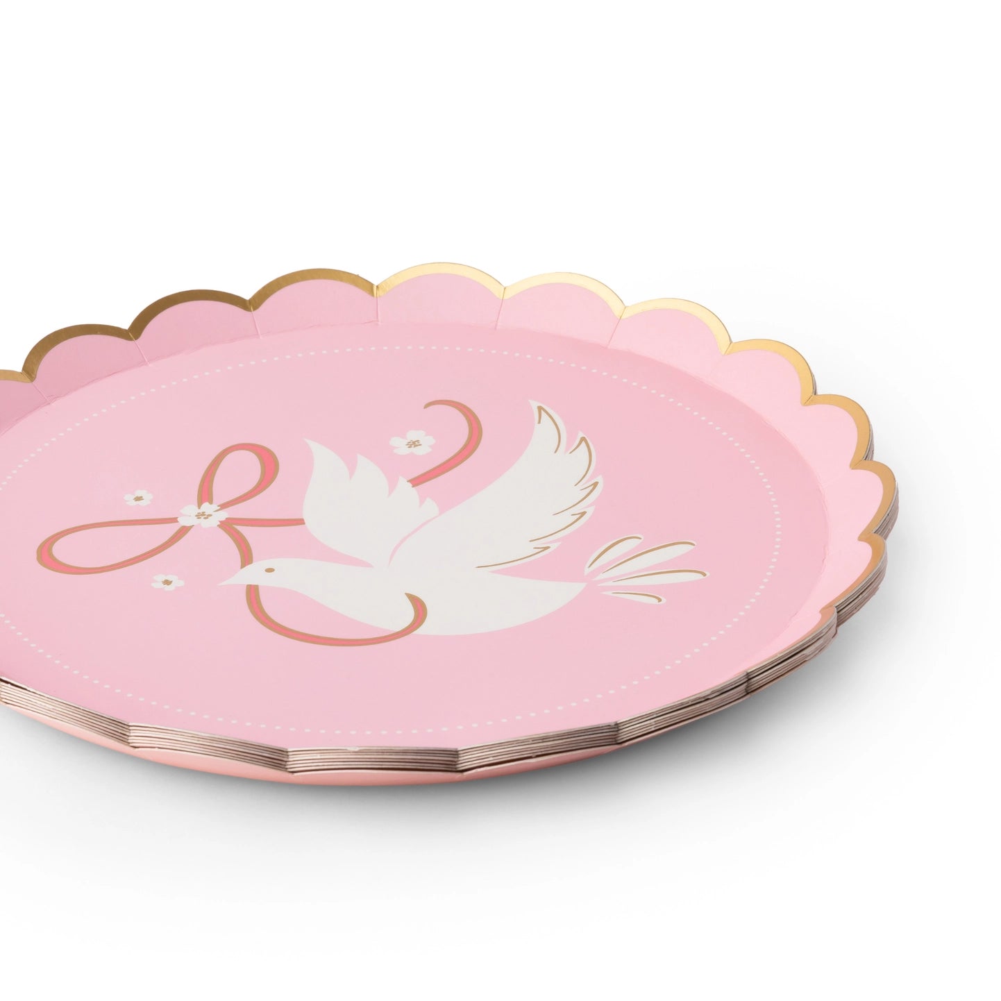 Pink scalloped paper dessert plate with white dove illustration