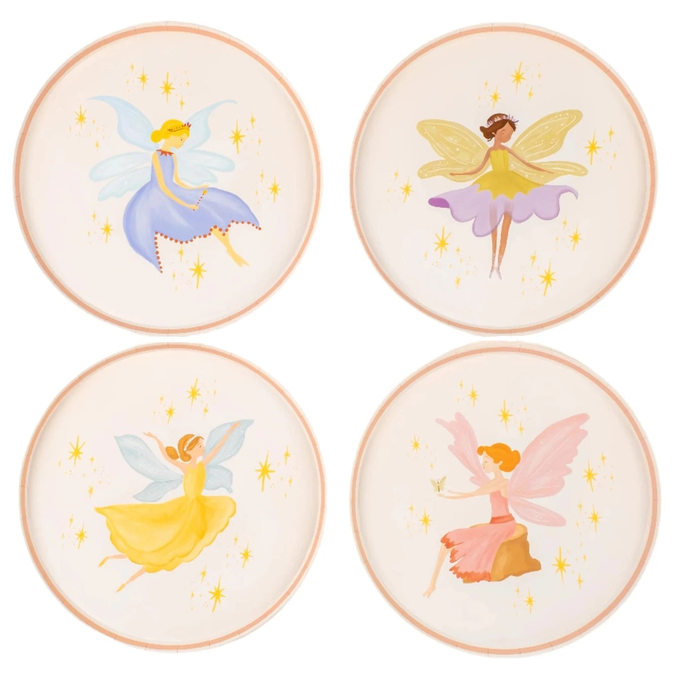 Pastel fairy dessert plates with whimsical fairy illustrations and soft star details