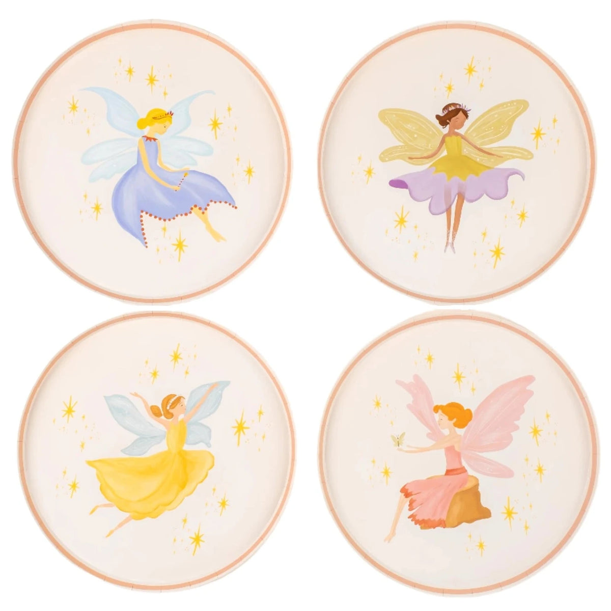 Pastel fairy dessert plates with whimsical fairy illustrations and soft star details