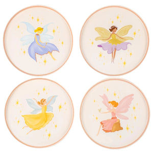 Pastel fairy dessert plates with whimsical fairy illustrations and soft star details